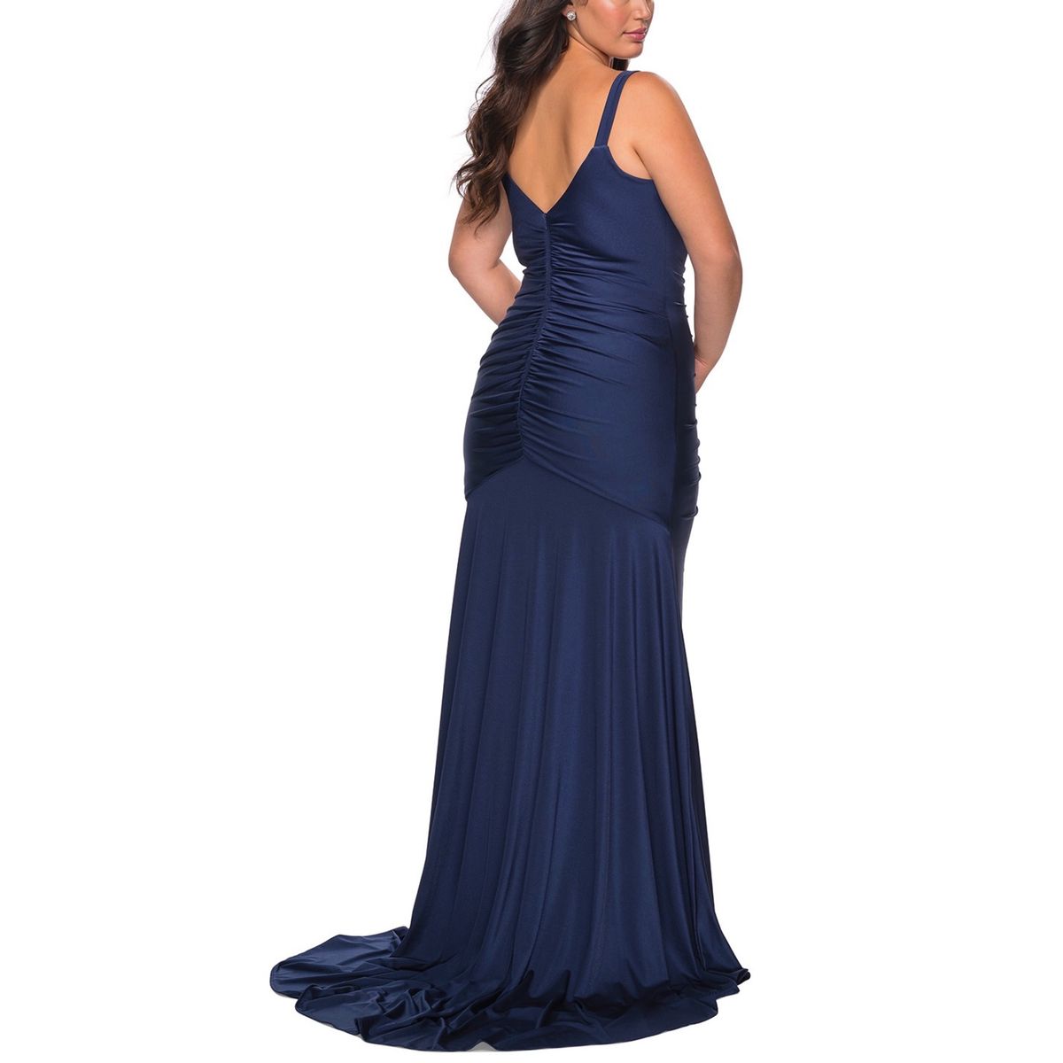 Style 29027 La Femme Plus Size 16 Navy Blue Dress With Train on Queenly