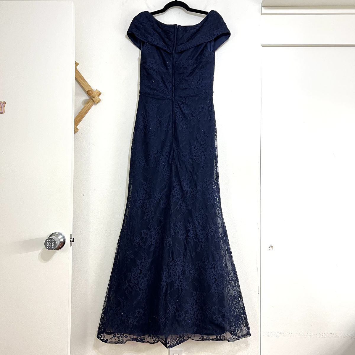 Style 27982 La Femme Size 10 High Neck Lace Navy Blue Floor Length Maxi on Queenly