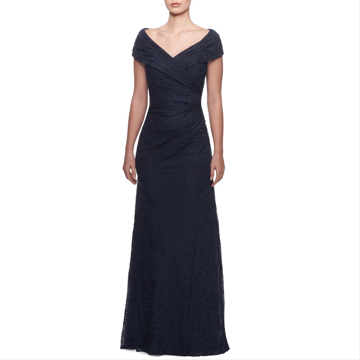 Style 27982 La Femme Size 10 High Neck Lace Navy Blue Floor Length Maxi on Queenly