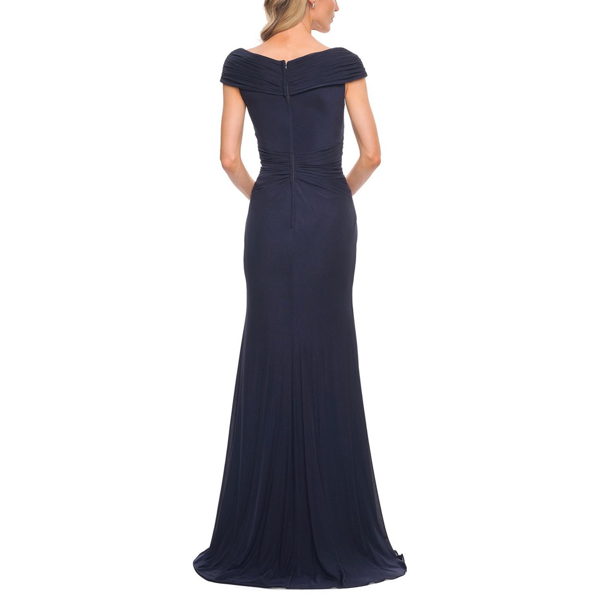 Style 29996 La Femme Size 12 Off The Shoulder Navy Blue Floor Length Maxi on Queenly
