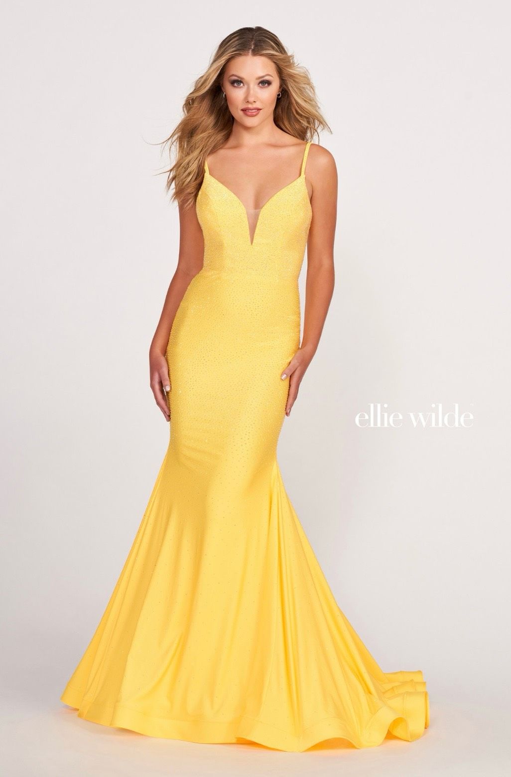 Style EW120012 Ellie Wilde Size 4 Prom Plunge Yellow Mermaid Dress on Queenly