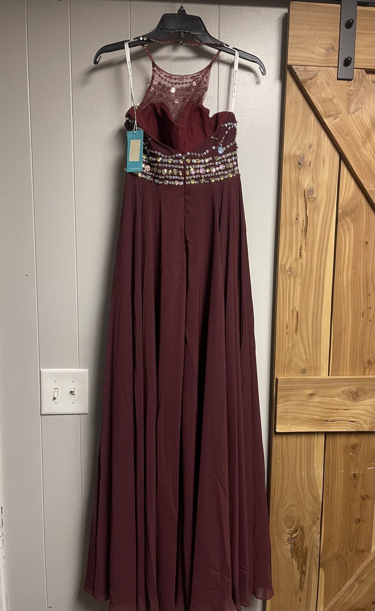 Size 2 Prom High Neck Burgundy Red A-line Dress on Queenly