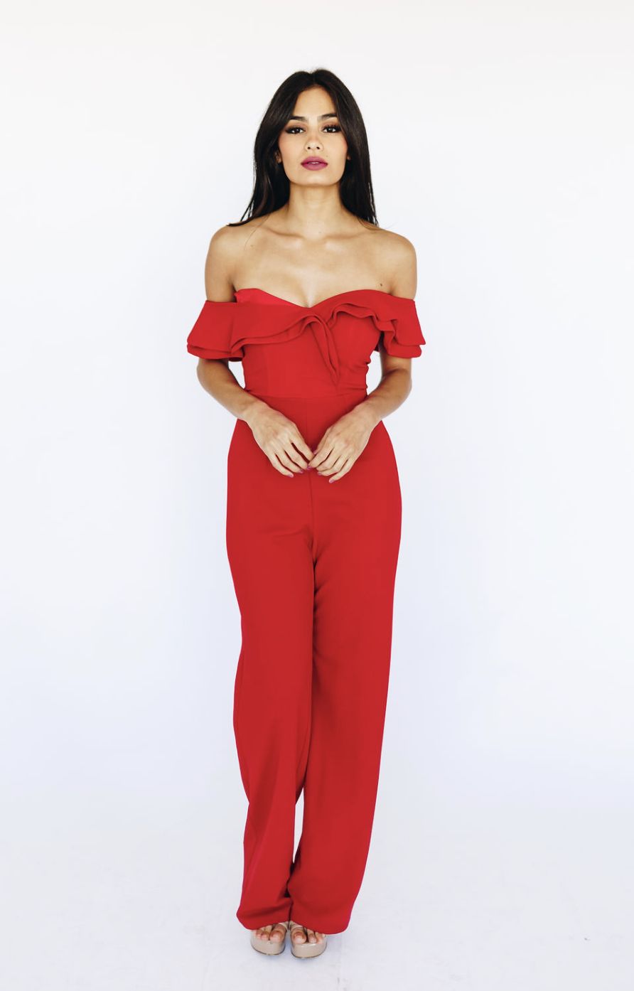 Luxxell Size 2 Pageant Off The Shoulder Red Formal Jumpsuit on Queenly