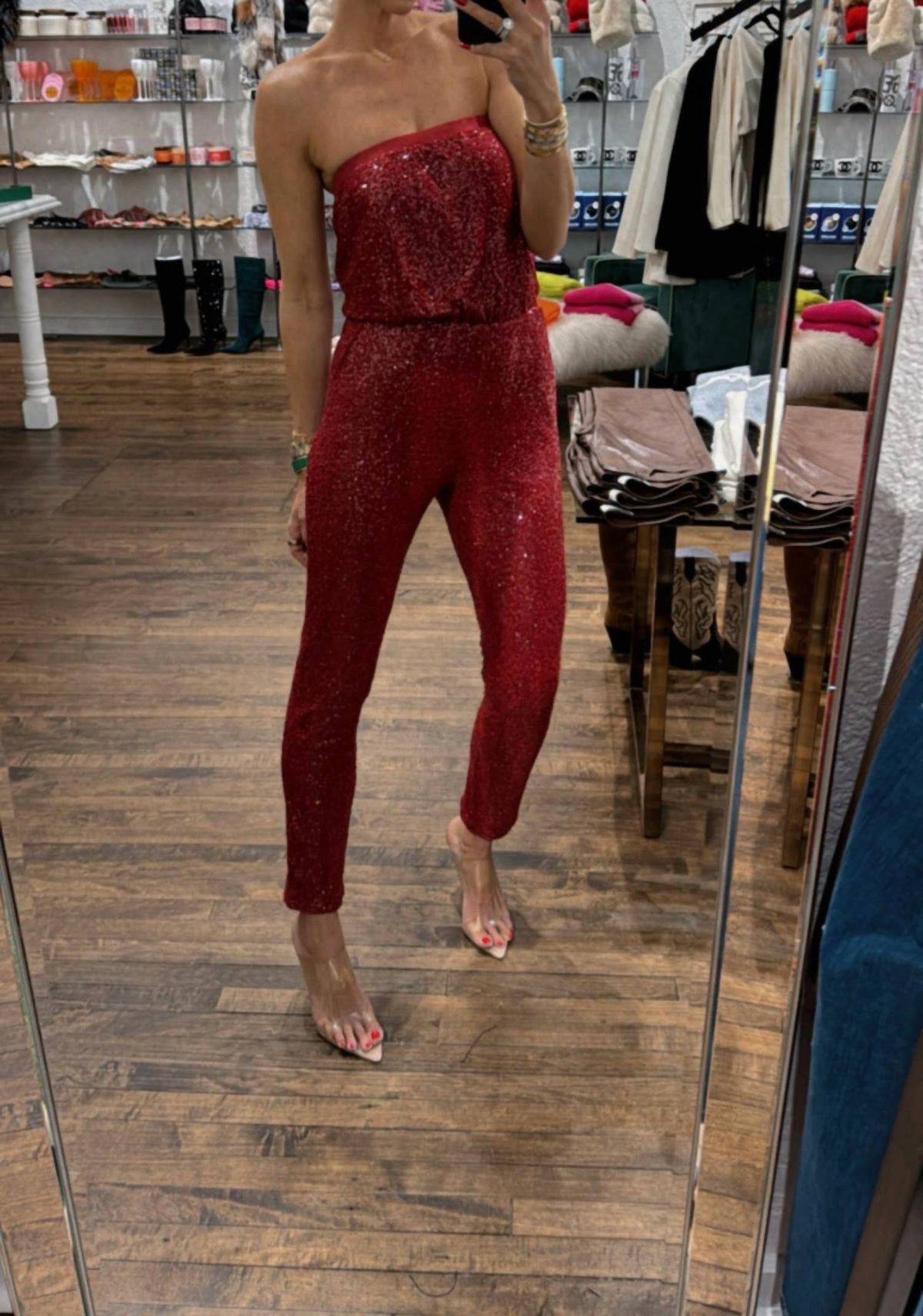 Style 1-2853226699-3236 Central Park West Size S Strapless Sequined Red Formal Jumpsuit on Queenly