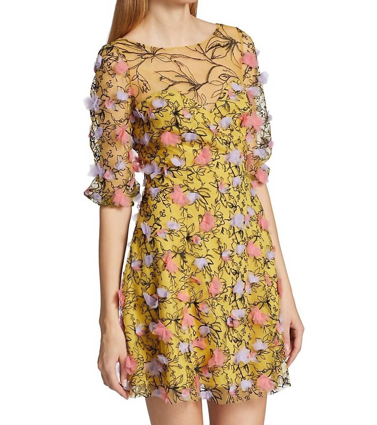 Style 1-1532555774-1498 Marchesa Size 4 Floral Yellow Cocktail Dress on Queenly