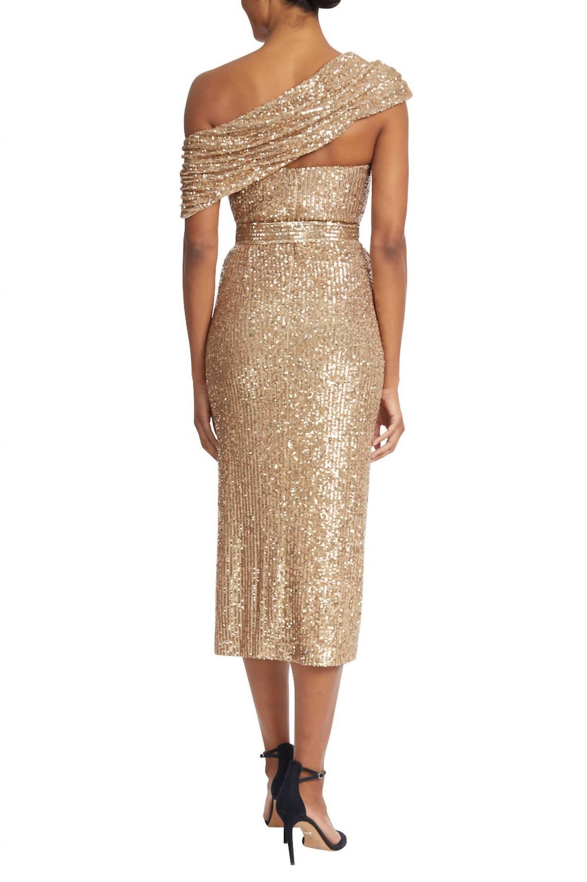 Style 1-1891598244-1498 BADGLEY MISCHKA Size 4 Off The Shoulder Gold Cocktail Dress on Queenly