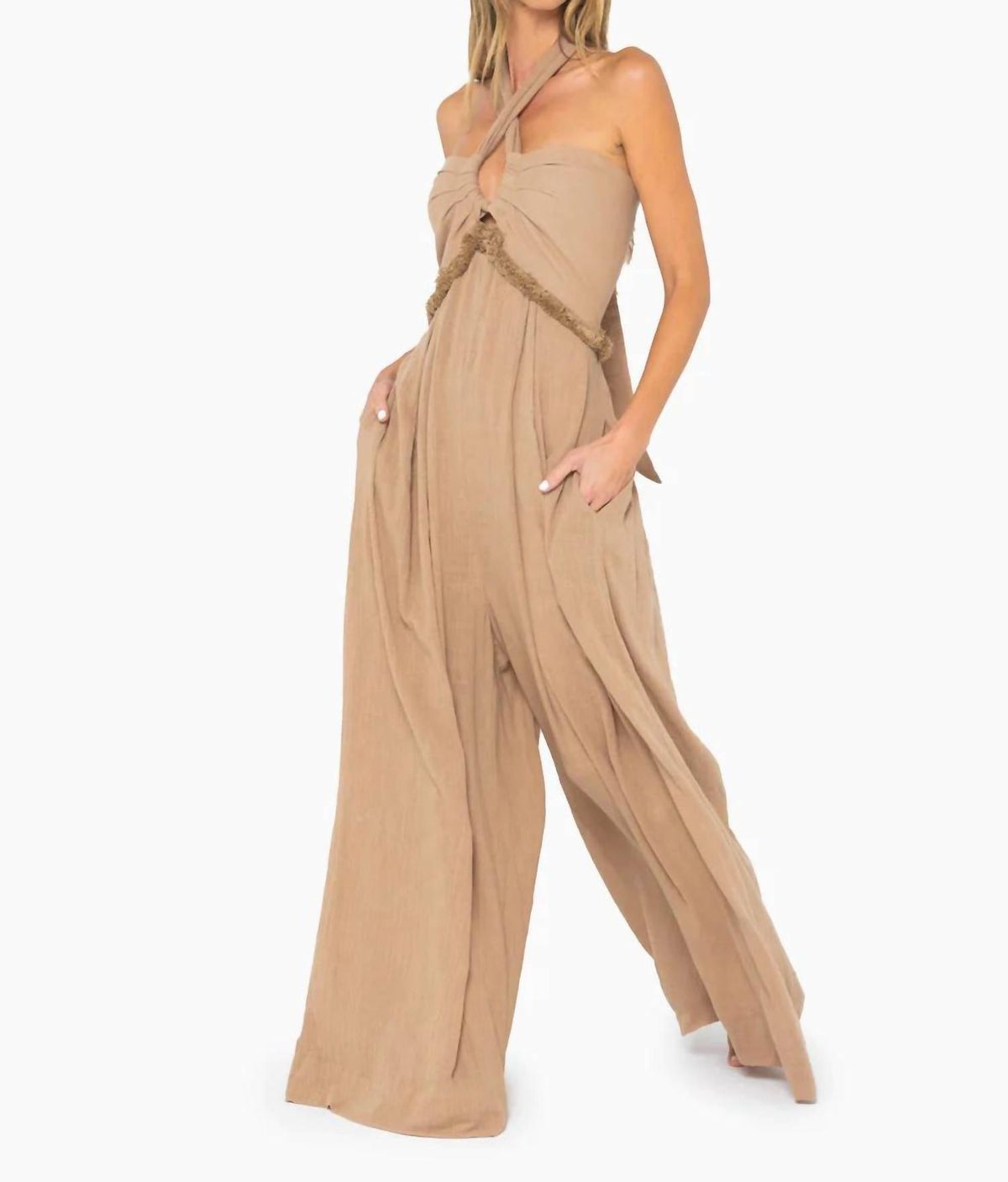 Style 1-3231920668-3236 JUST BEE QUEEN Size S Halter Nude Formal Jumpsuit on Queenly