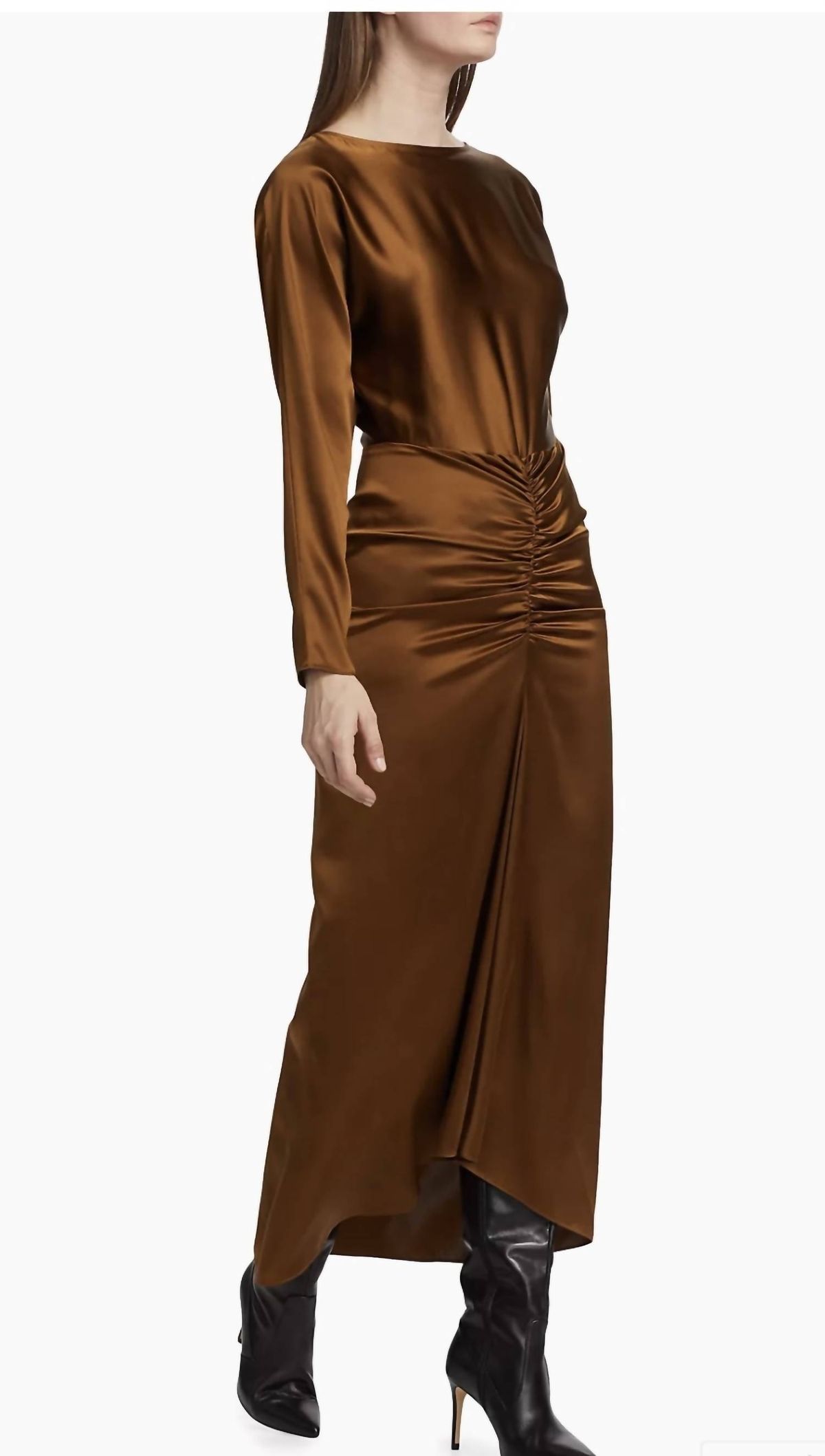 Style 1-4263902748-1498 Veronica Beard Size 4 Pageant Long Sleeve Satin Brown Floor Length Maxi on Queenly