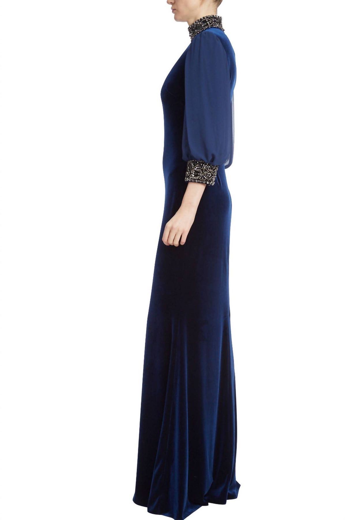 Style 1-952422068-649 BADGLEY MISCHKA Size 2 Pageant Long Sleeve Velvet Blue Floor Length Maxi on Queenly