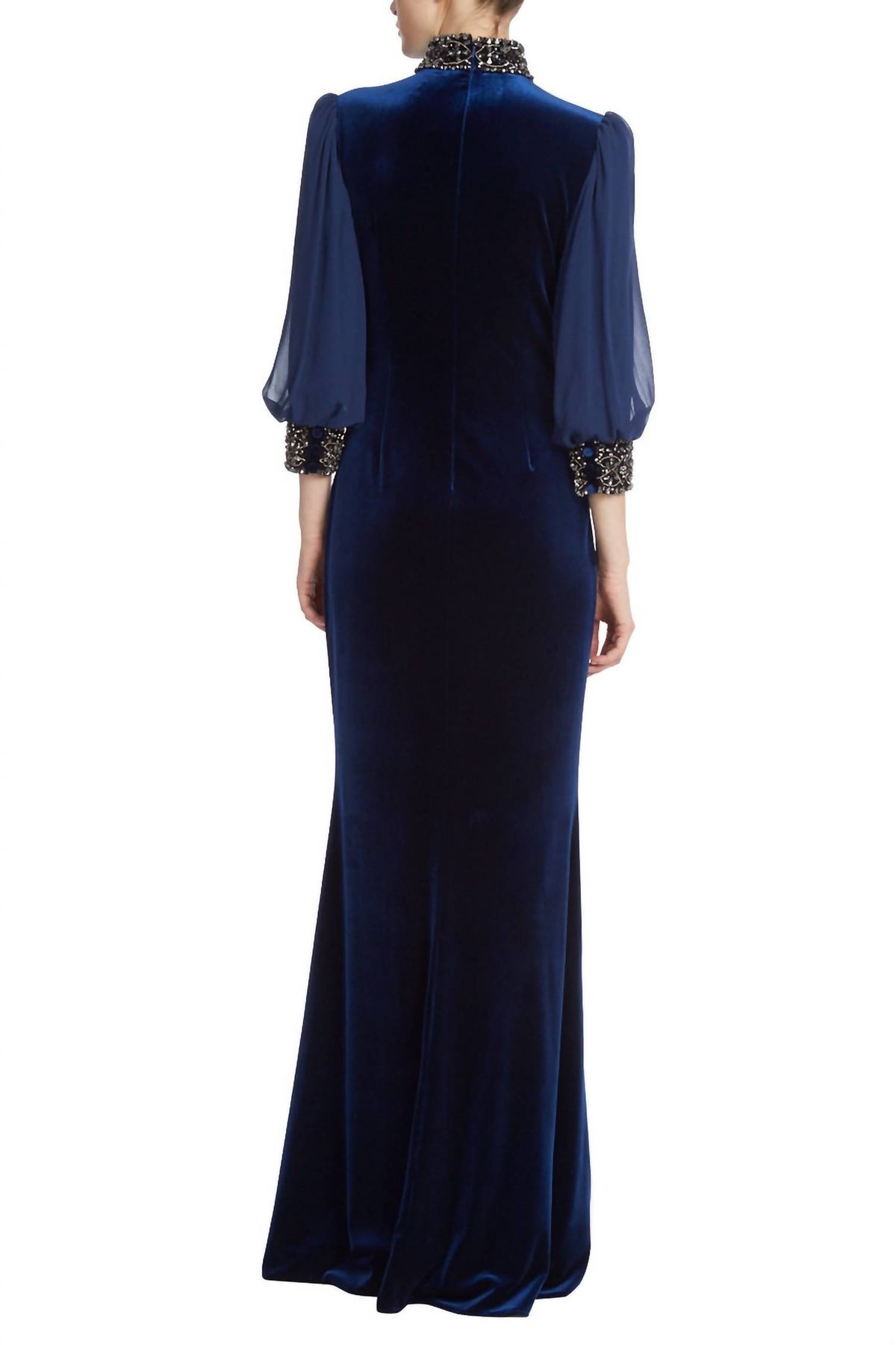 Style 1-952422068-649 BADGLEY MISCHKA Size 2 Pageant Long Sleeve Velvet Blue Floor Length Maxi on Queenly