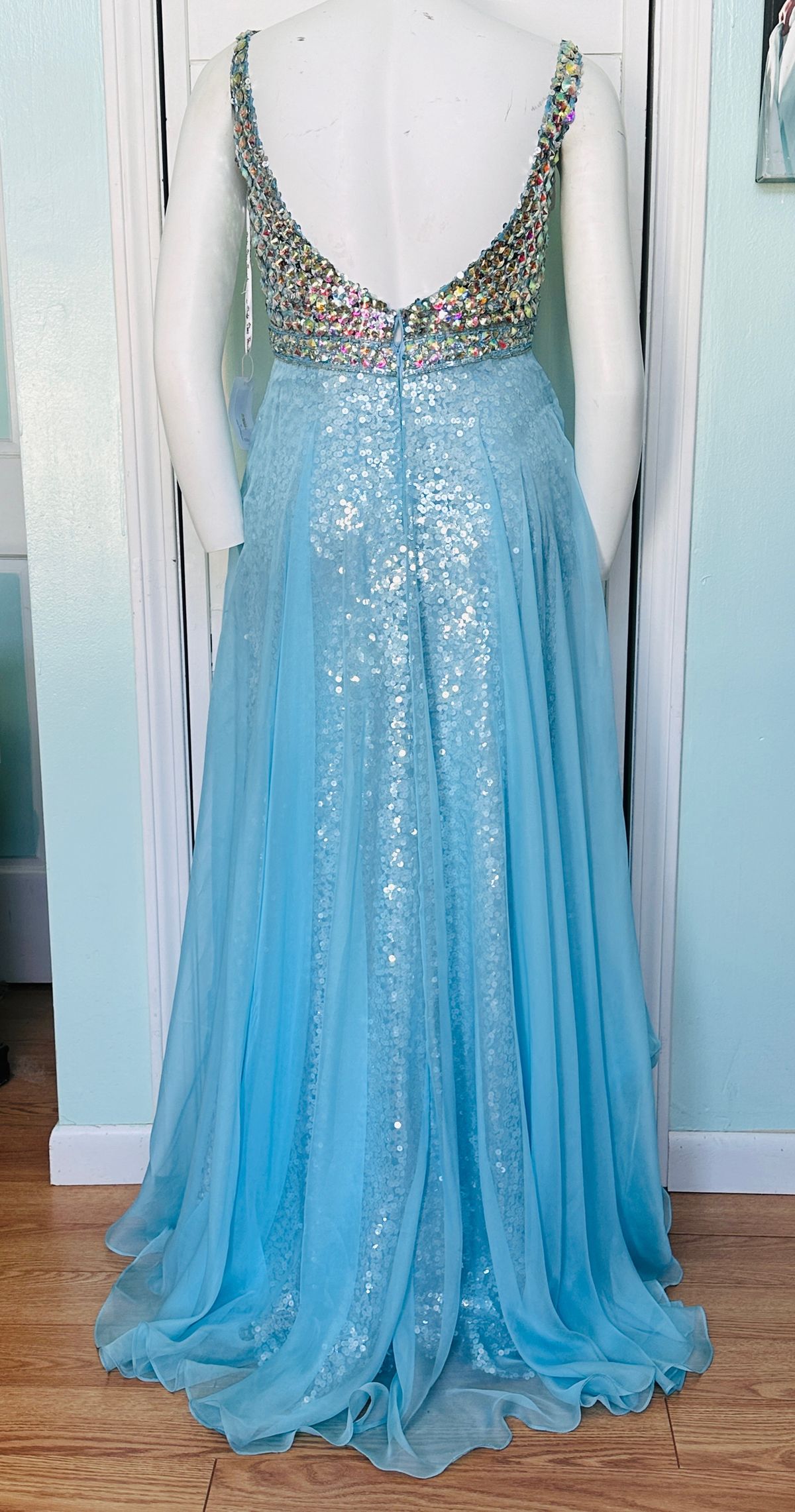 Style 1175 Party Time Formals Size 14 Prom Plunge Blue A-line Dress on Queenly