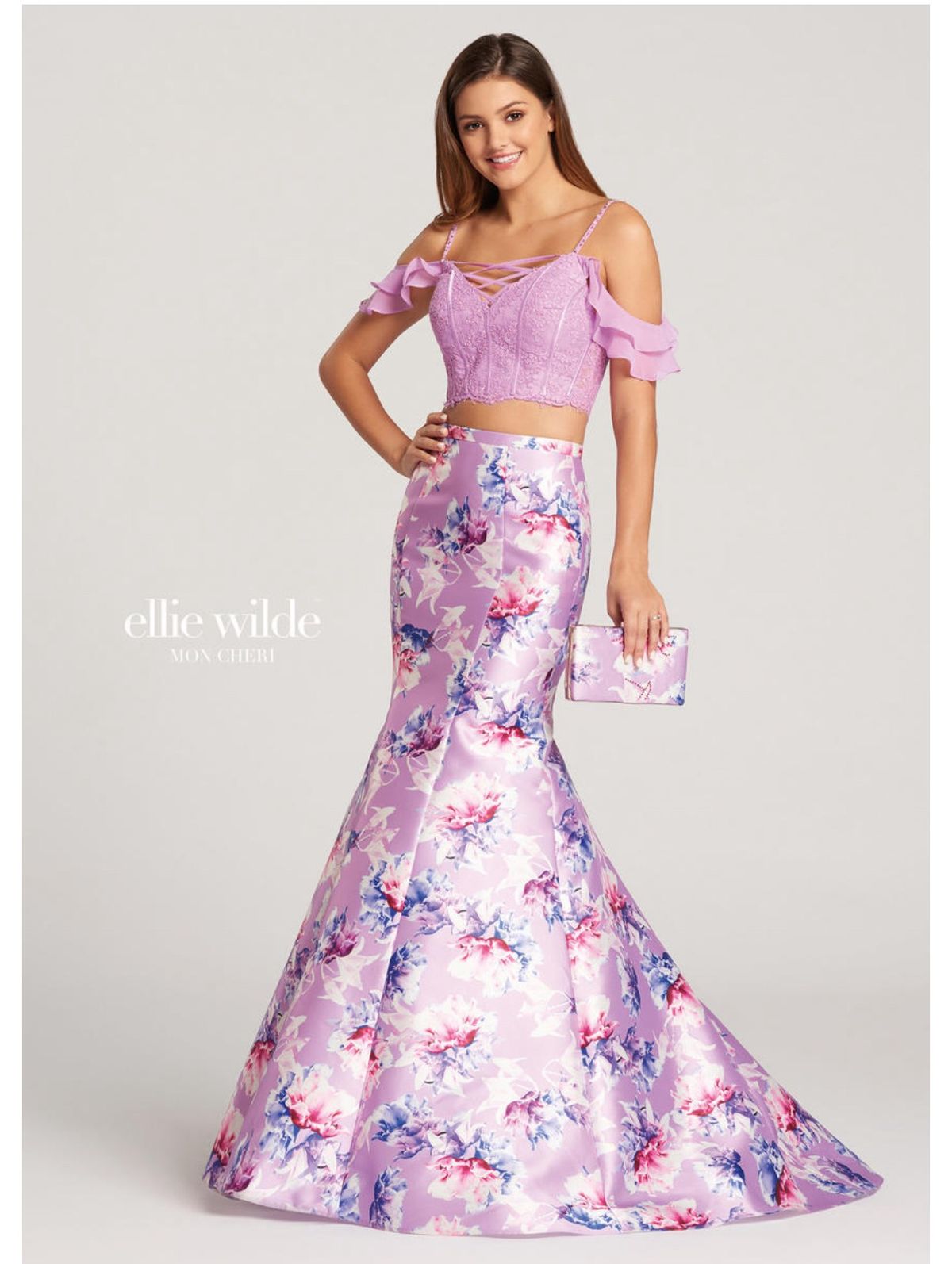 Style EW118179 Ellie Wilde Size 00 Prom Off The Shoulder Lace Light Purple Mermaid Dress on Queenly