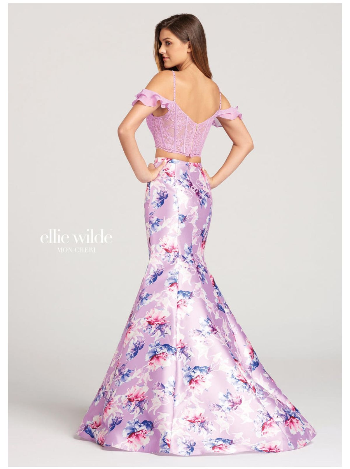 Style EW118179 Ellie Wilde Size 00 Prom Off The Shoulder Lace Light Purple Mermaid Dress on Queenly