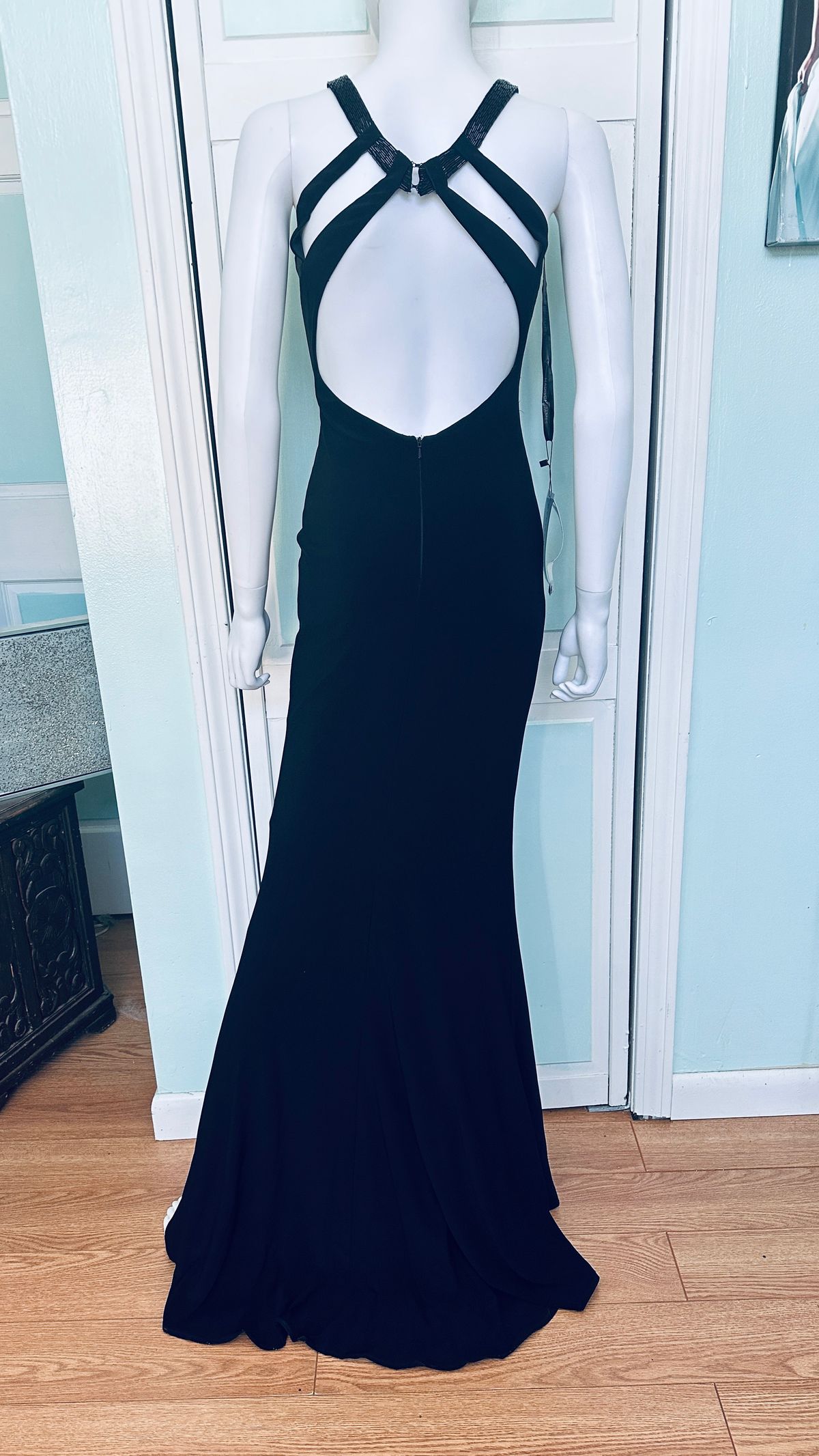 Style 18-698 Madison James Size 0 Prom High Neck Sequined Black Floor Length Maxi on Queenly