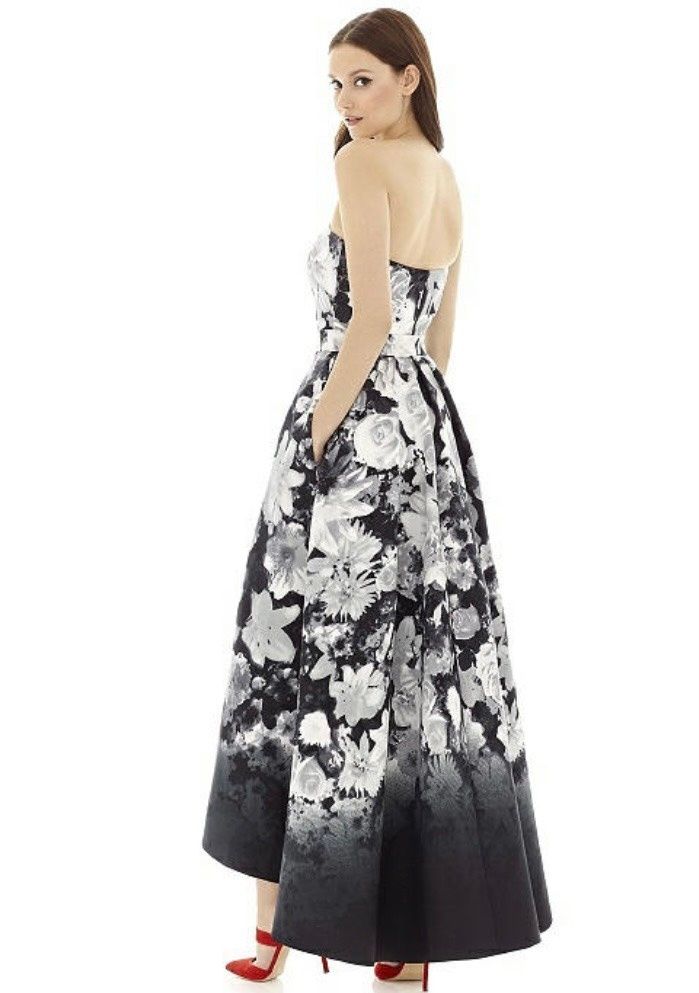 Style D699FP Alfred Sung Size 14 Bridesmaid Strapless Floral Multicolor Dress With Train on Queenly