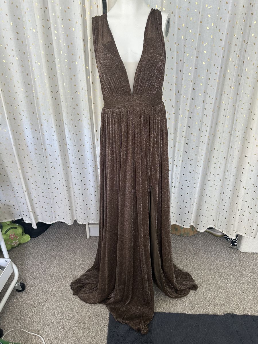 Miss Ord Size L Prom Plunge Sheer Brown A-line Dress on Queenly