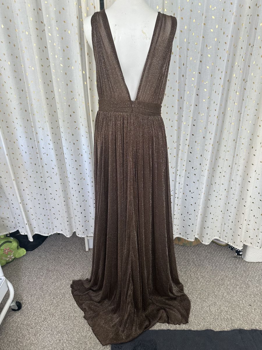 Miss Ord Size L Prom Plunge Sheer Brown A-line Dress on Queenly
