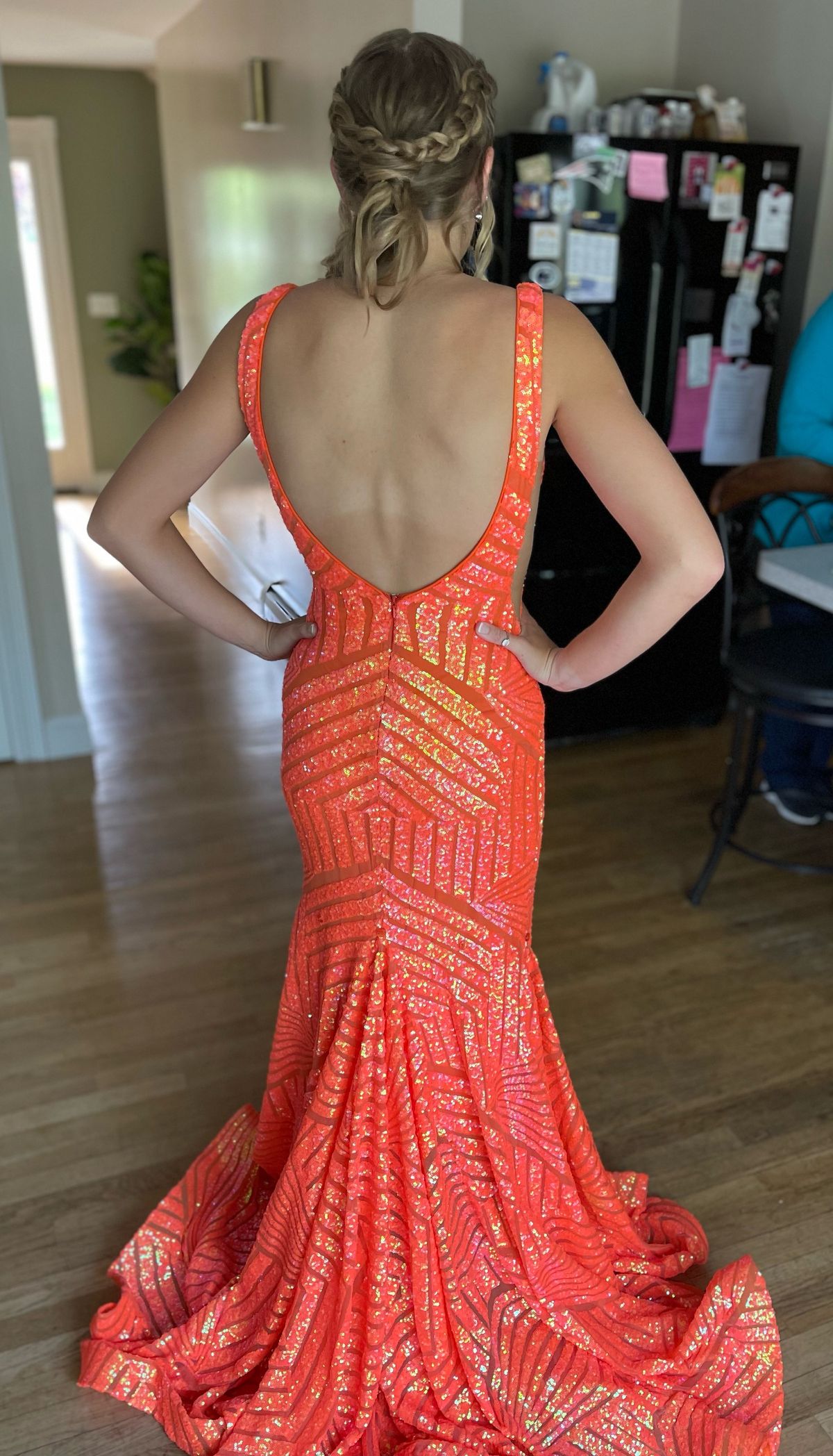 Style 59762A Jovani Size 0 Prom Plunge Orange Mermaid Dress on Queenly