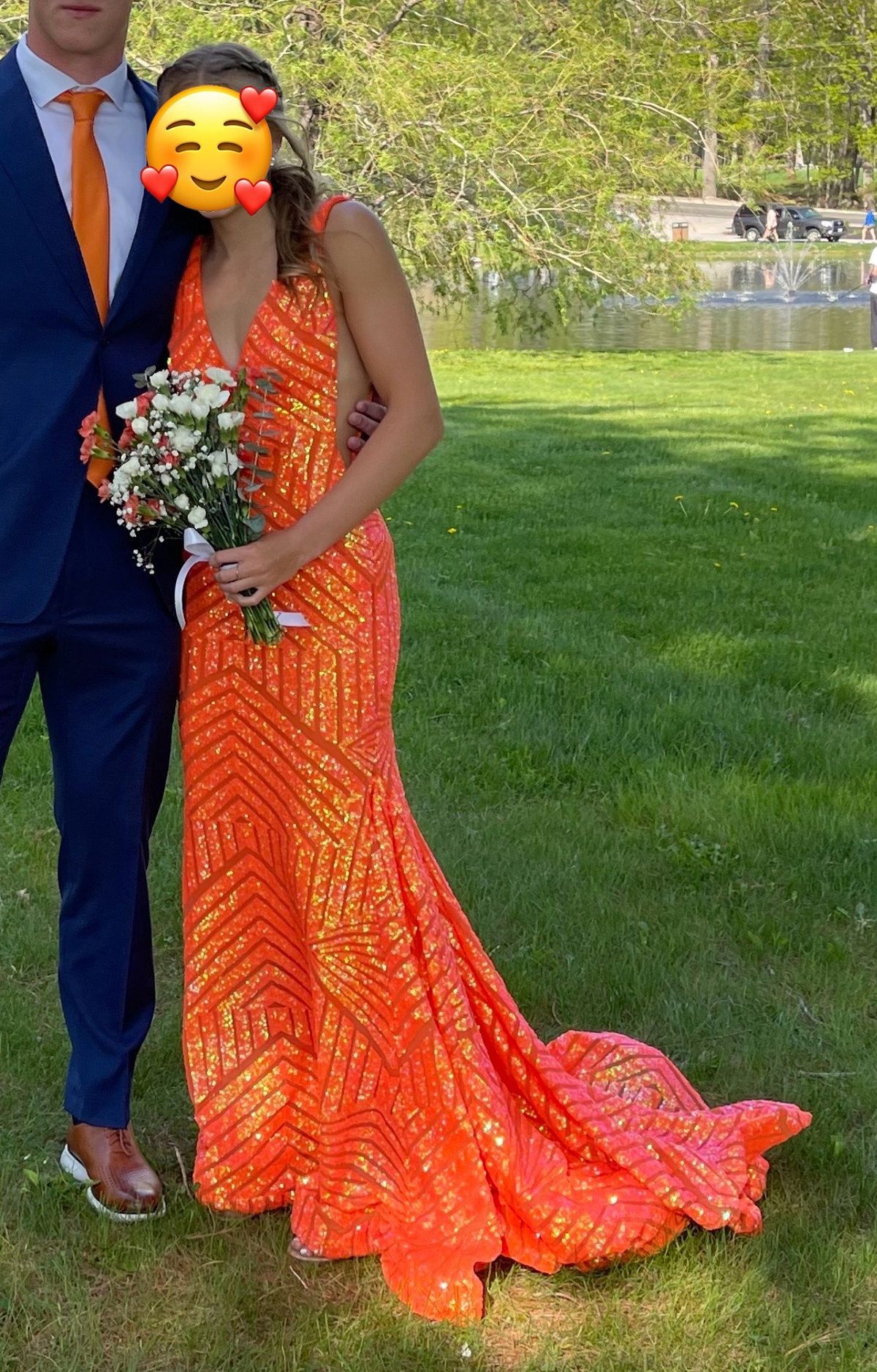 Style 59762A Jovani Size 0 Prom Plunge Orange Mermaid Dress on Queenly
