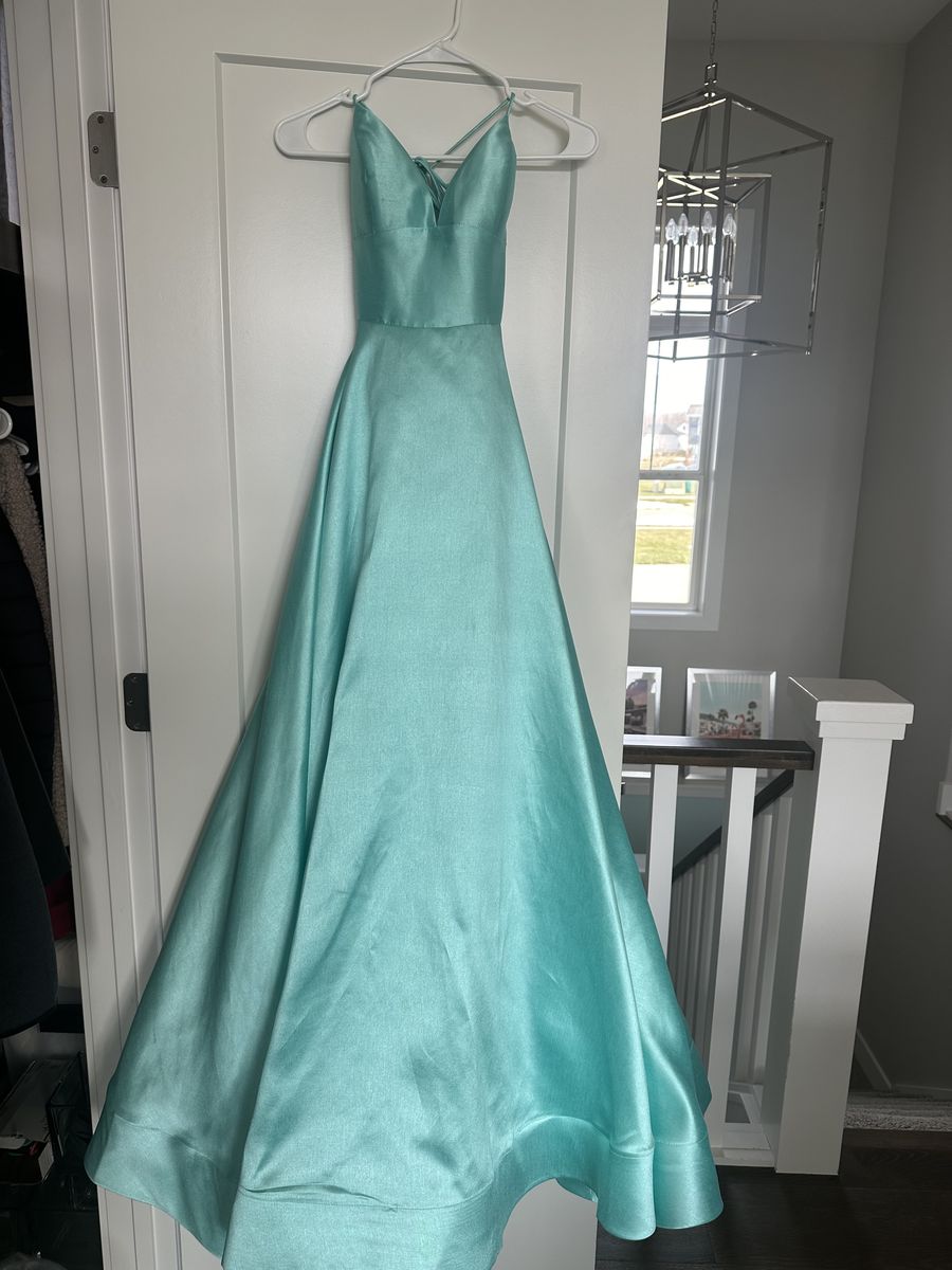 Style 53661 Sherri Hill Size 4 Prom Satin Turquoise Blue A-line Dress on Queenly