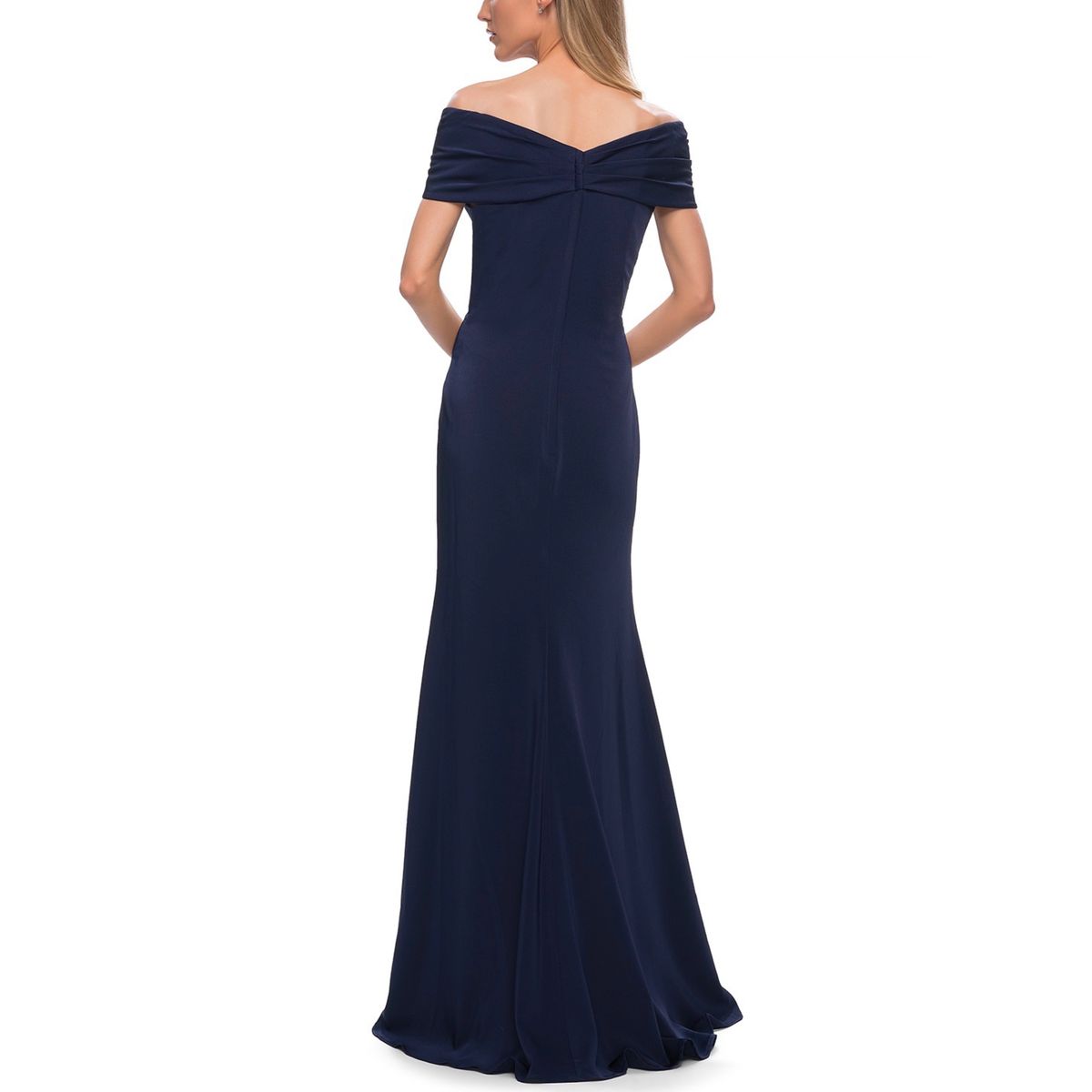 Style 29537 La Femme Size 12 Off The Shoulder Navy Blue Floor Length Maxi on Queenly