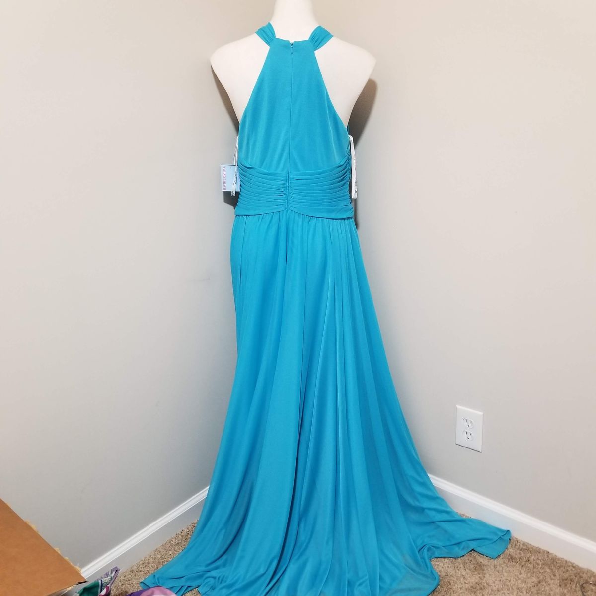 Style F19931 Celebrate DB Studio Size 14 Wedding Guest Plunge Sheer Blue A-line Dress on Queenly