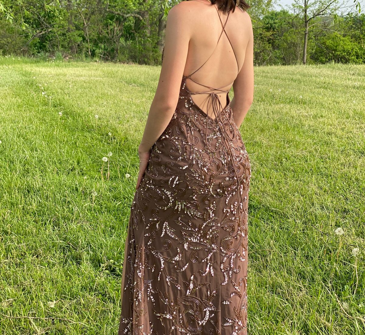 Size 0 Prom Plunge Brown Side Slit Dress on Queenly