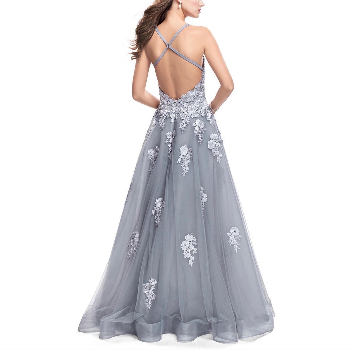 Style 26236 La Femme Size 0 Plunge Lace Silver Ball Gown on Queenly