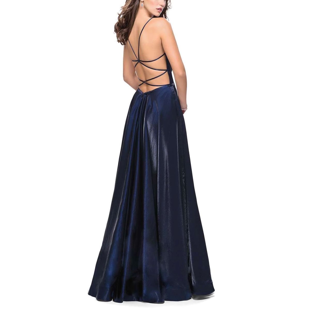 Style 25670 La Femme Size 2 Plunge Navy Blue A-line Dress on Queenly