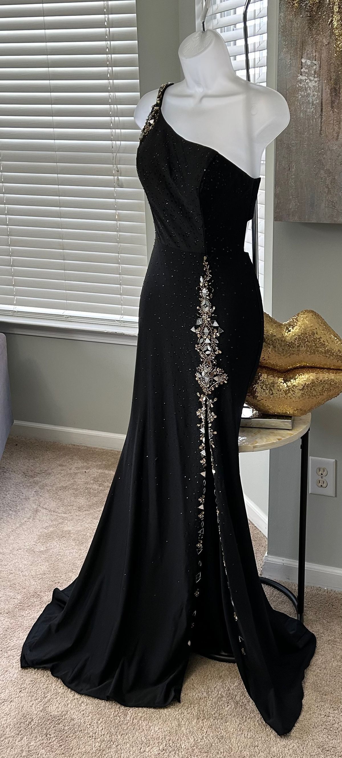 Style 20059 Amarra Size 2 Prom One Shoulder Black Side Slit Dress on Queenly
