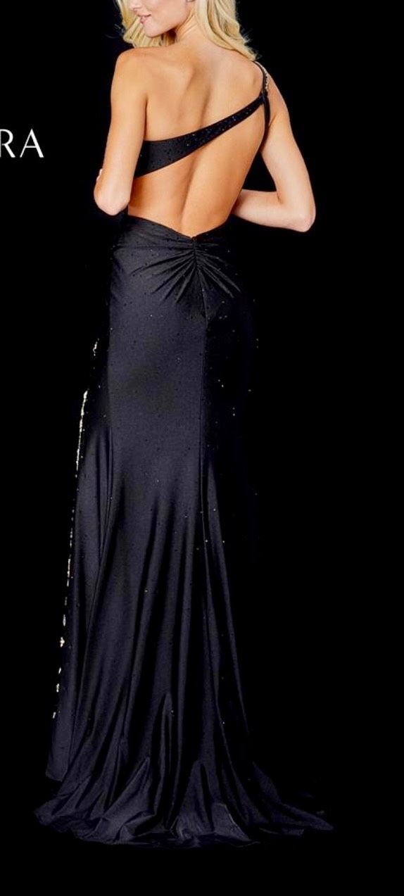 Style 20059 Amarra Size 2 Prom One Shoulder Black Side Slit Dress on Queenly