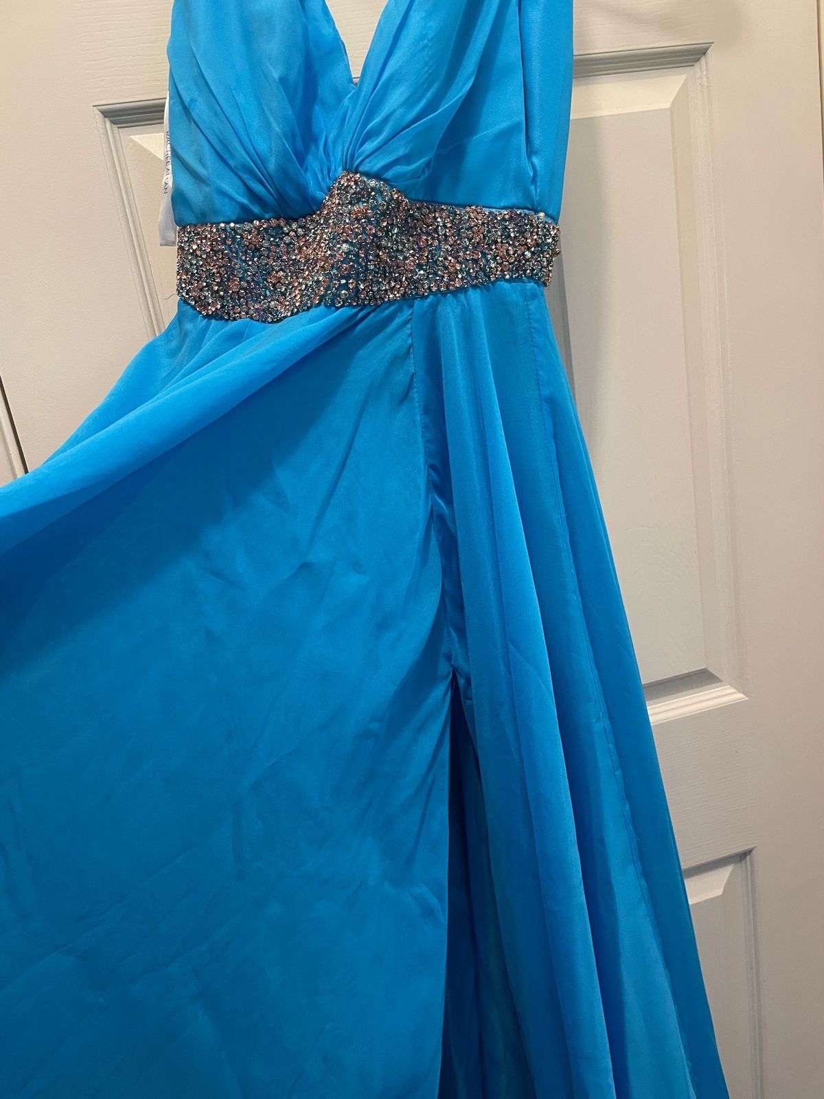 Rachel Allan Size 4 Pageant Plunge Sequined Turquoise Blue Floor Length Maxi on Queenly