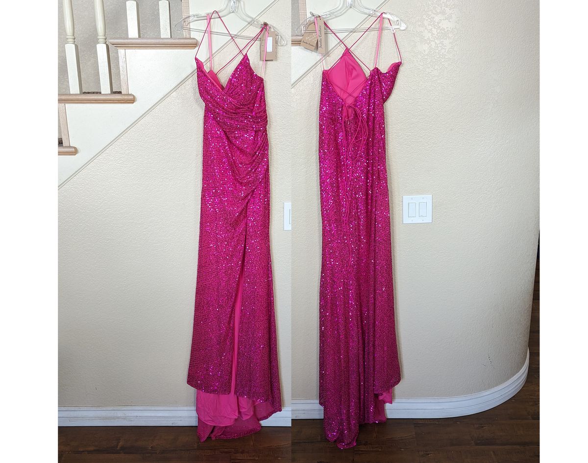 Style Fuchsia Pink Formal Sleeveless Sequined Wedding Guest Prom Dress Amelia Size 10 Prom Plunge Pink Side Slit Dress on Queenly