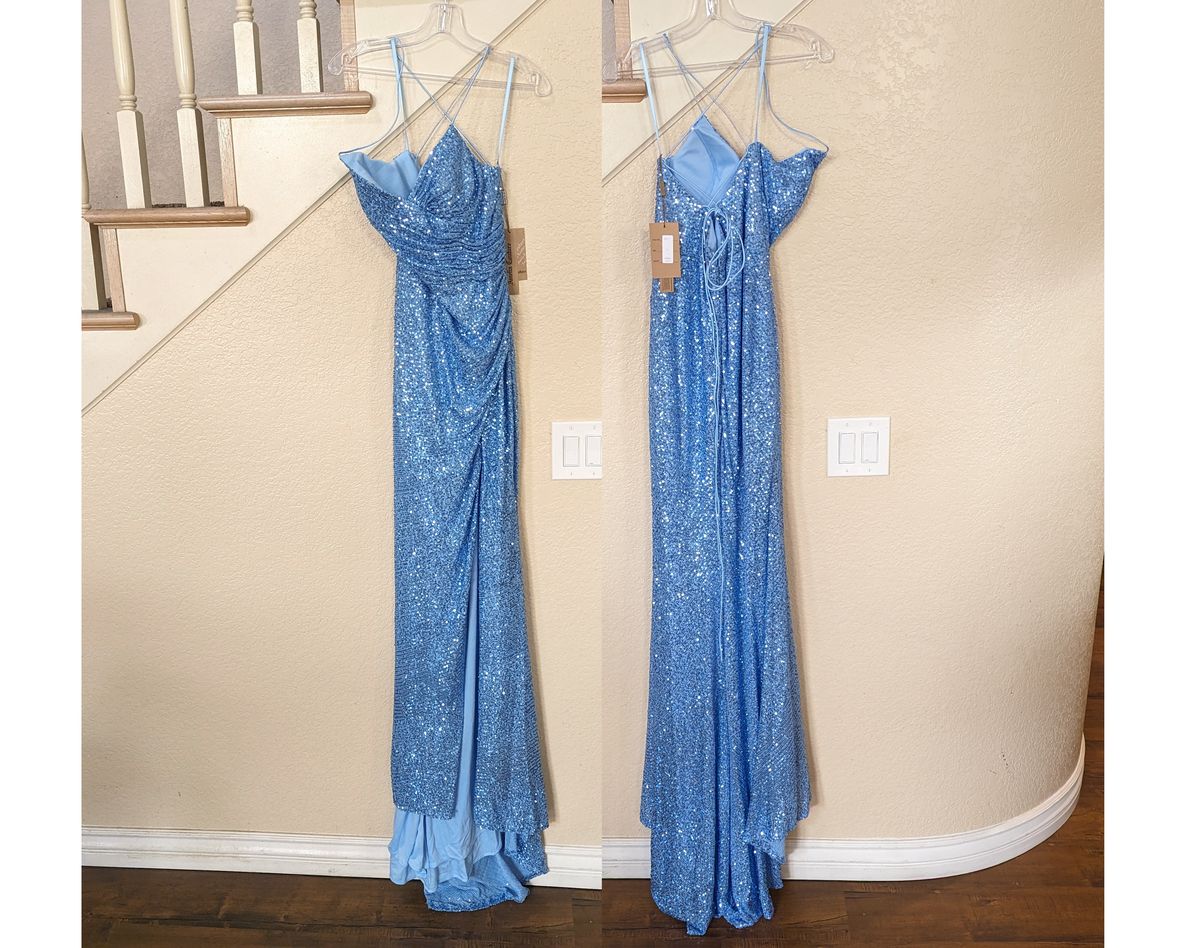 Style Periwinkle Blue Formal Sleeveless Sequin Dress Amelia Size 6 Wedding Guest Plunge Blue Side Slit Dress on Queenly