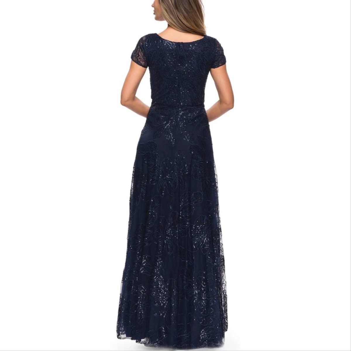 Style 27837 La Femme Size 8 Lace Navy Blue A-line Dress on Queenly