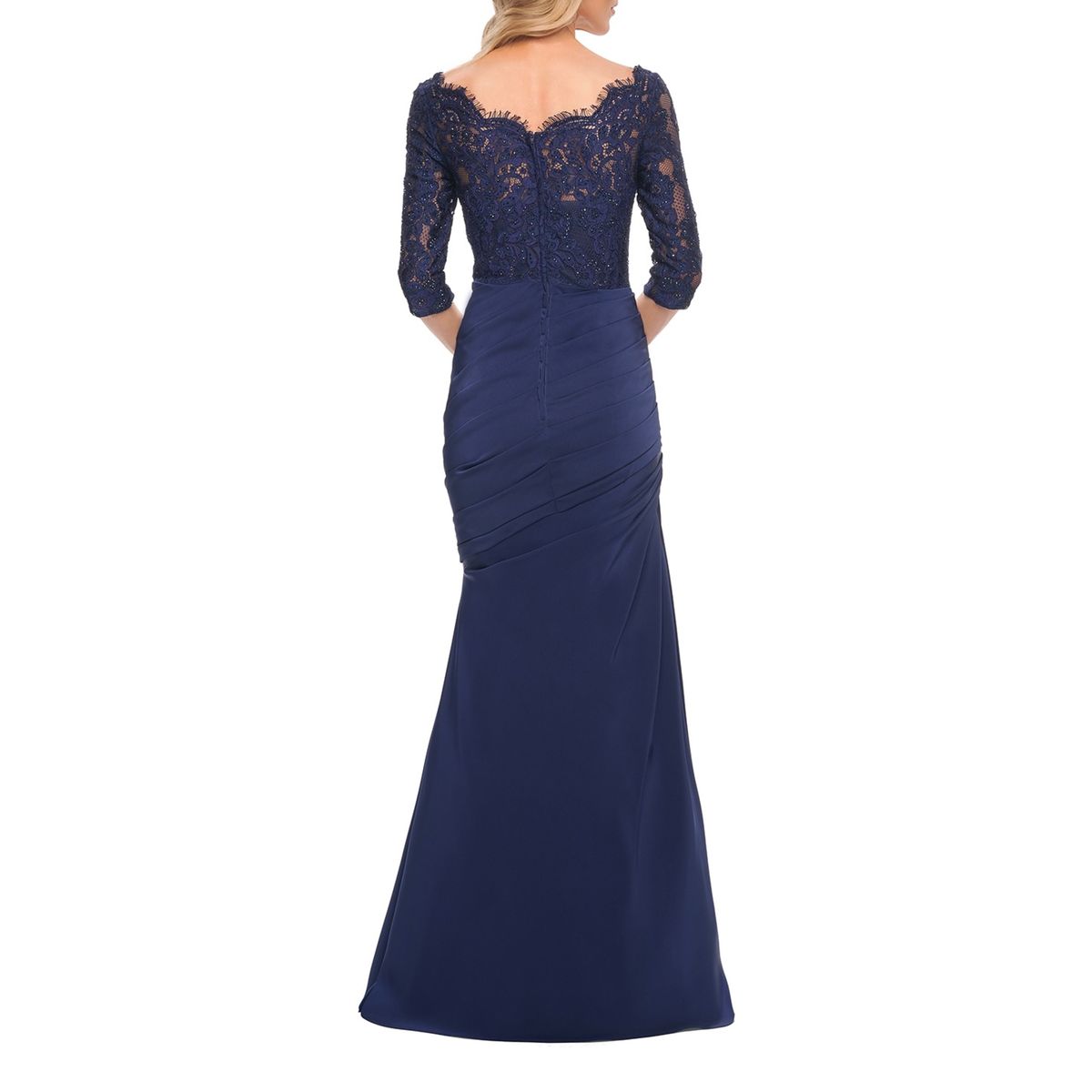 Style 24926 La Femme Size 14 Lace Navy Blue Floor Length Maxi on Queenly