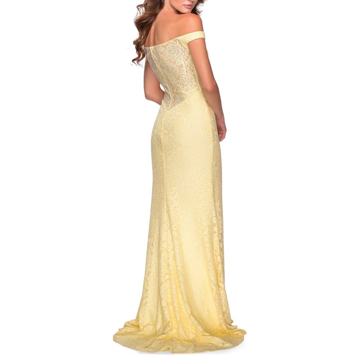 Style 28301 La Femme Size 4 Prom Off The Shoulder Lace Yellow Side Slit Dress on Queenly