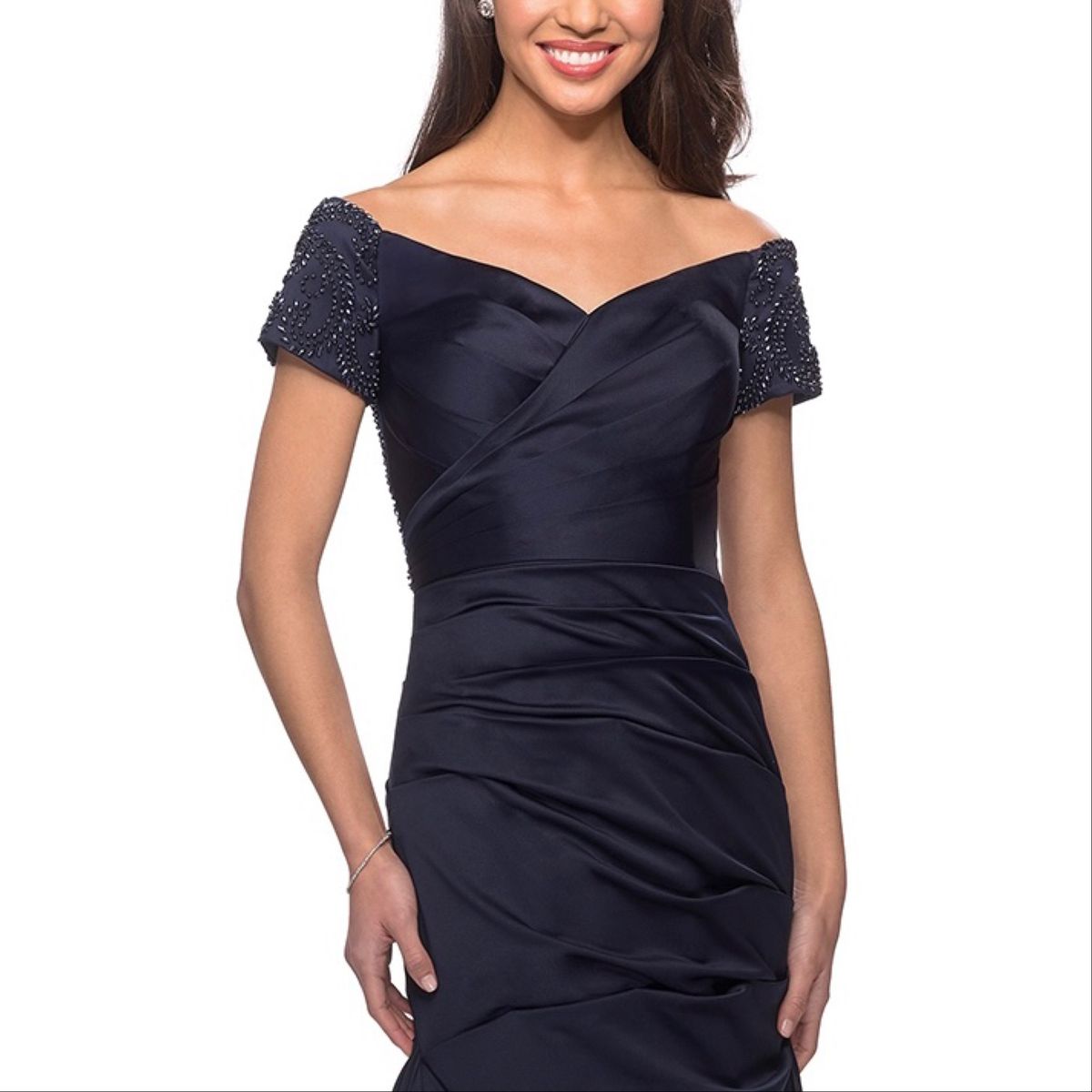 Style 25996 La Femme Size 14 Off The Shoulder Navy Blue Floor Length Maxi on Queenly
