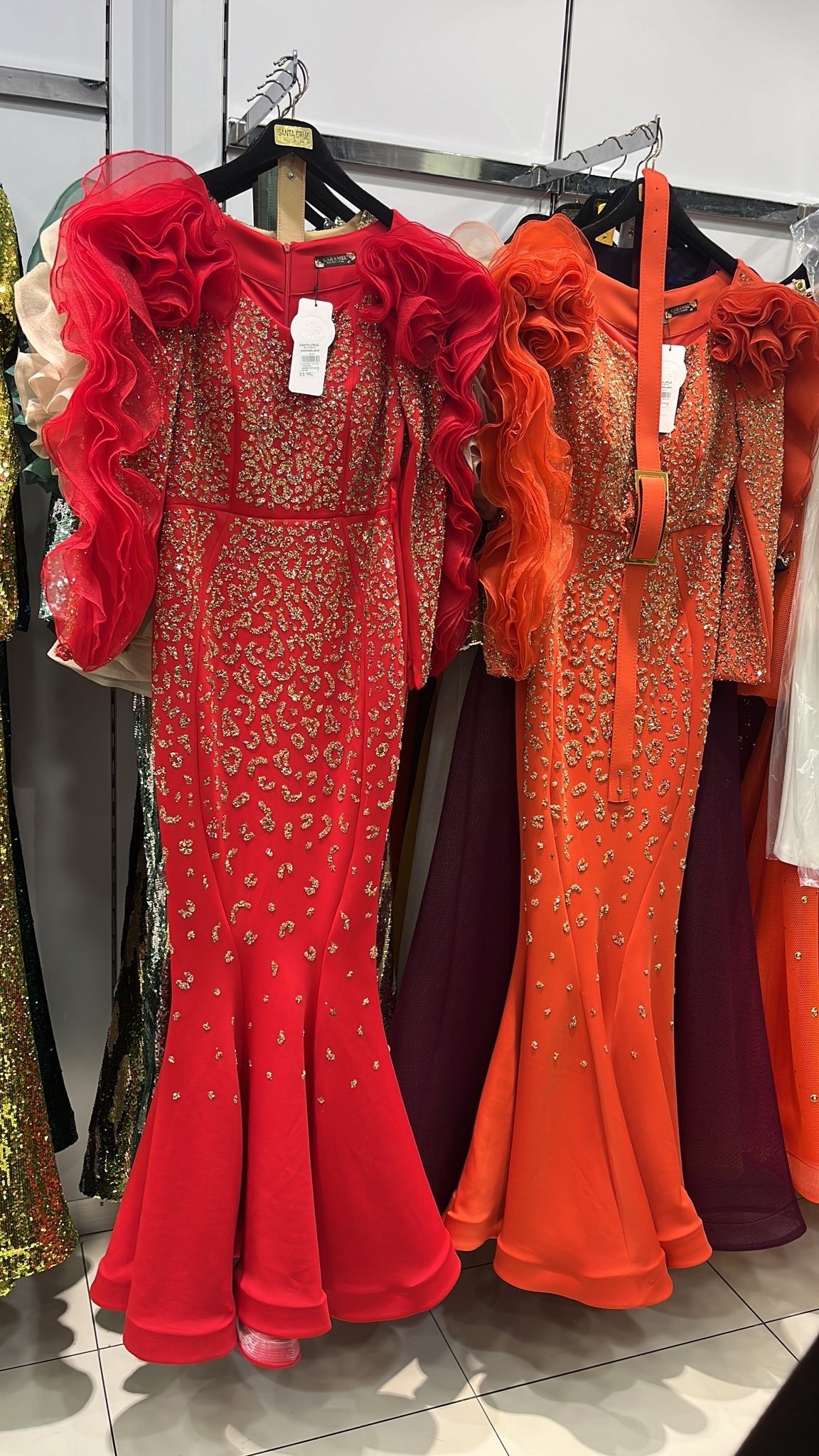 Style 32971053 CARAMEL Size 10 Long Sleeve Orange Mermaid Dress on Queenly