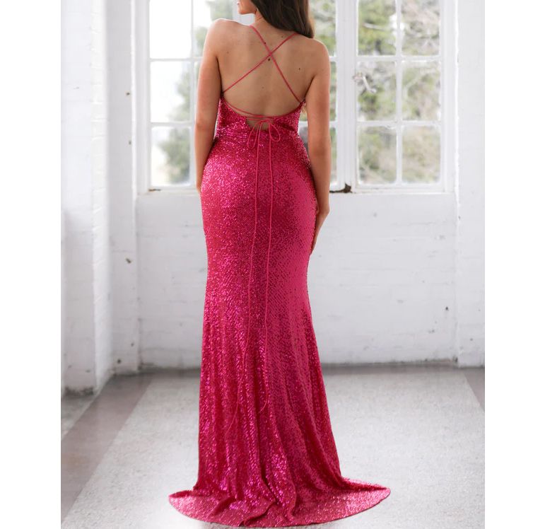 Style Fuchsia Pink Formal Sleeveless Sequined Prom  Dress Amelia Size 14 Prom Plunge Pink Side Slit Dress on Queenly