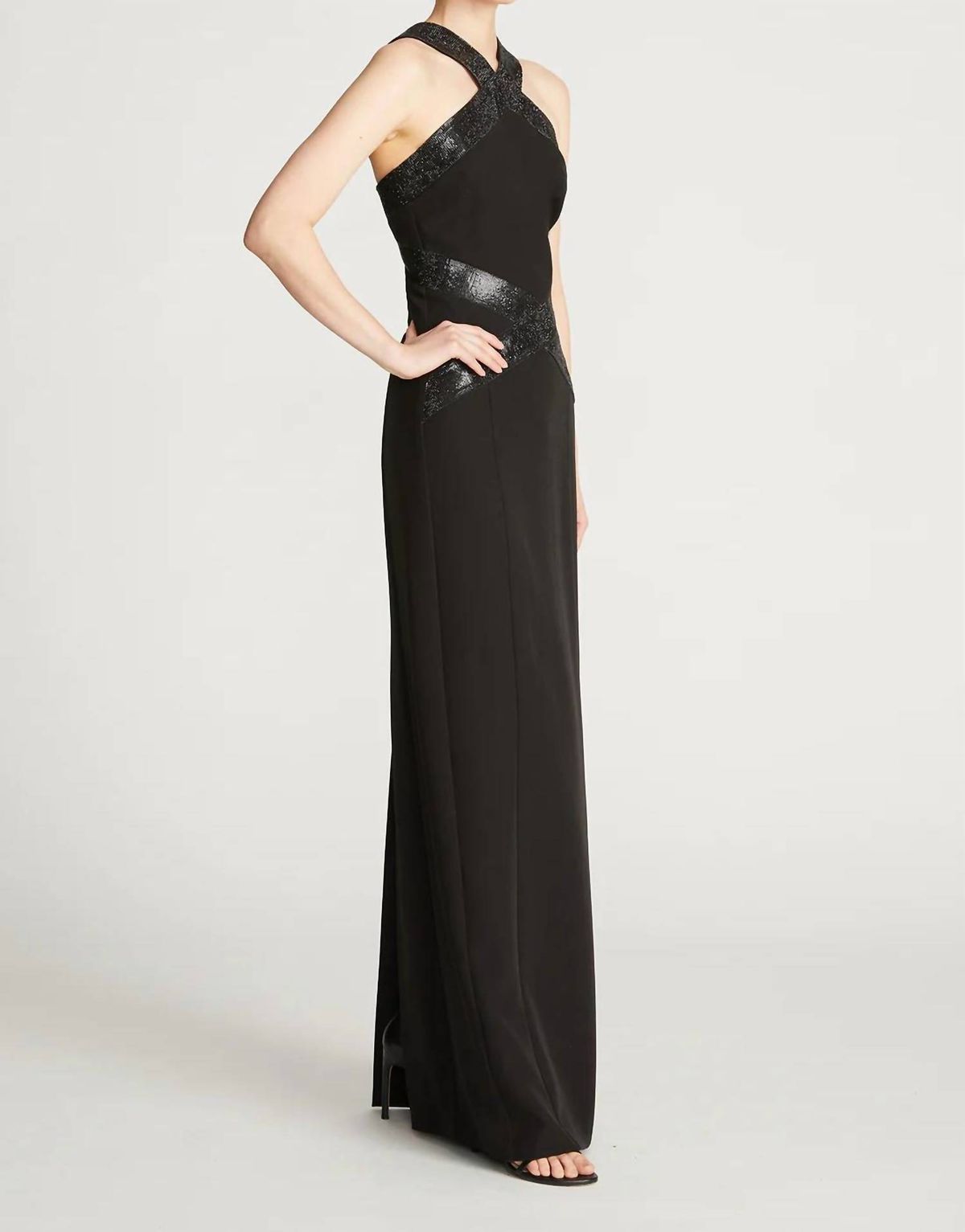 Style 1-2627311052-1901 HALSTON HERITAGE Size 6 High Neck Sequined Black Floor Length Maxi on Queenly