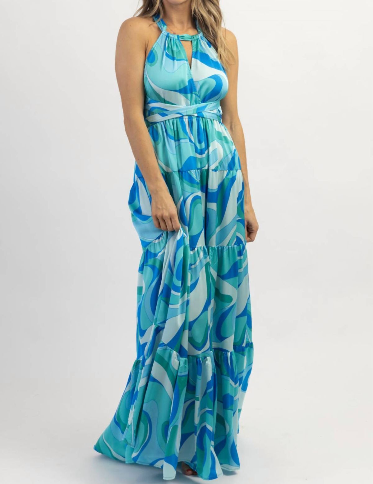 Style 1-414018236-3236 Aakaa Size S Halter Blue Floor Length Maxi on Queenly