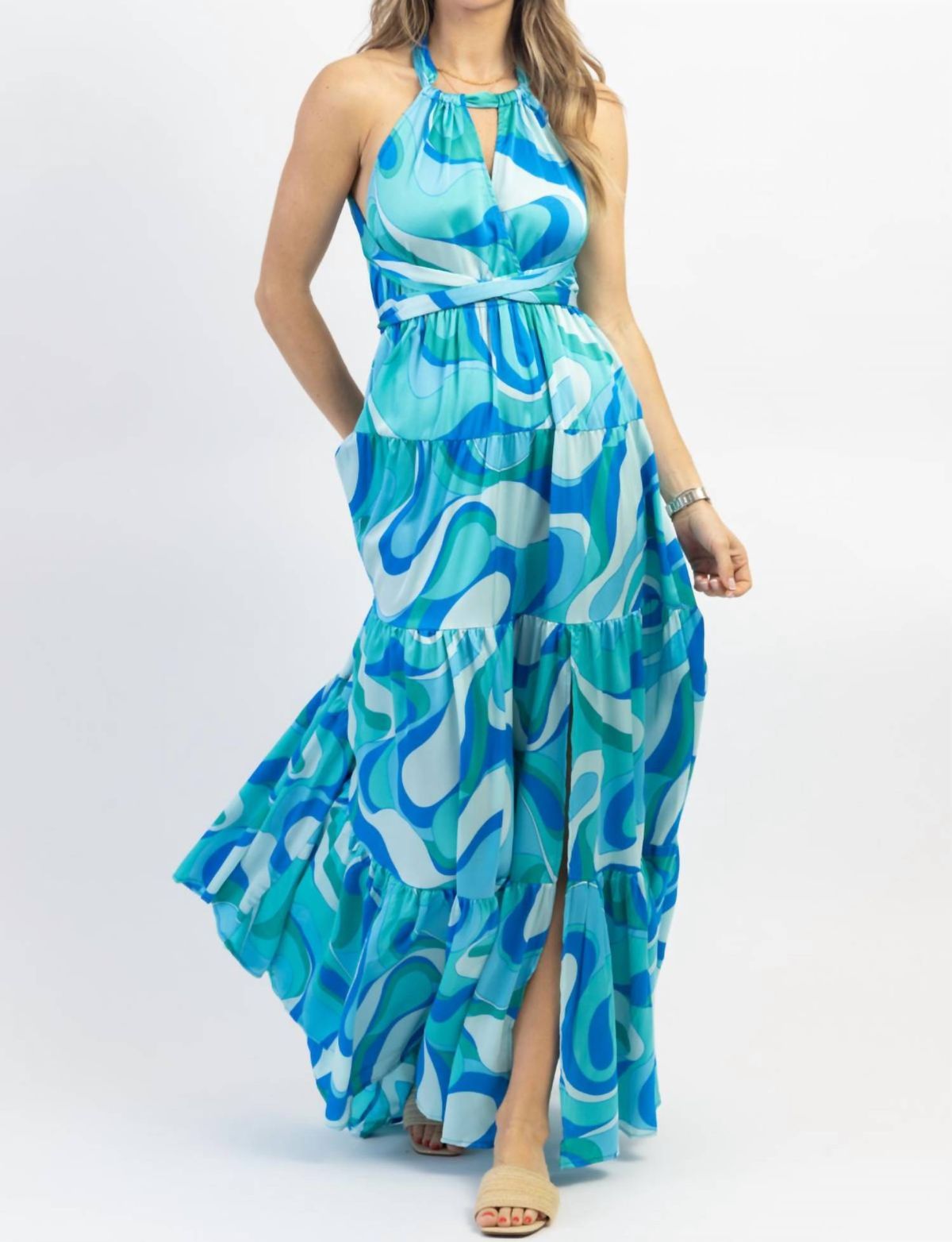 Style 1-414018236-3236 Aakaa Size S Halter Blue Floor Length Maxi on Queenly