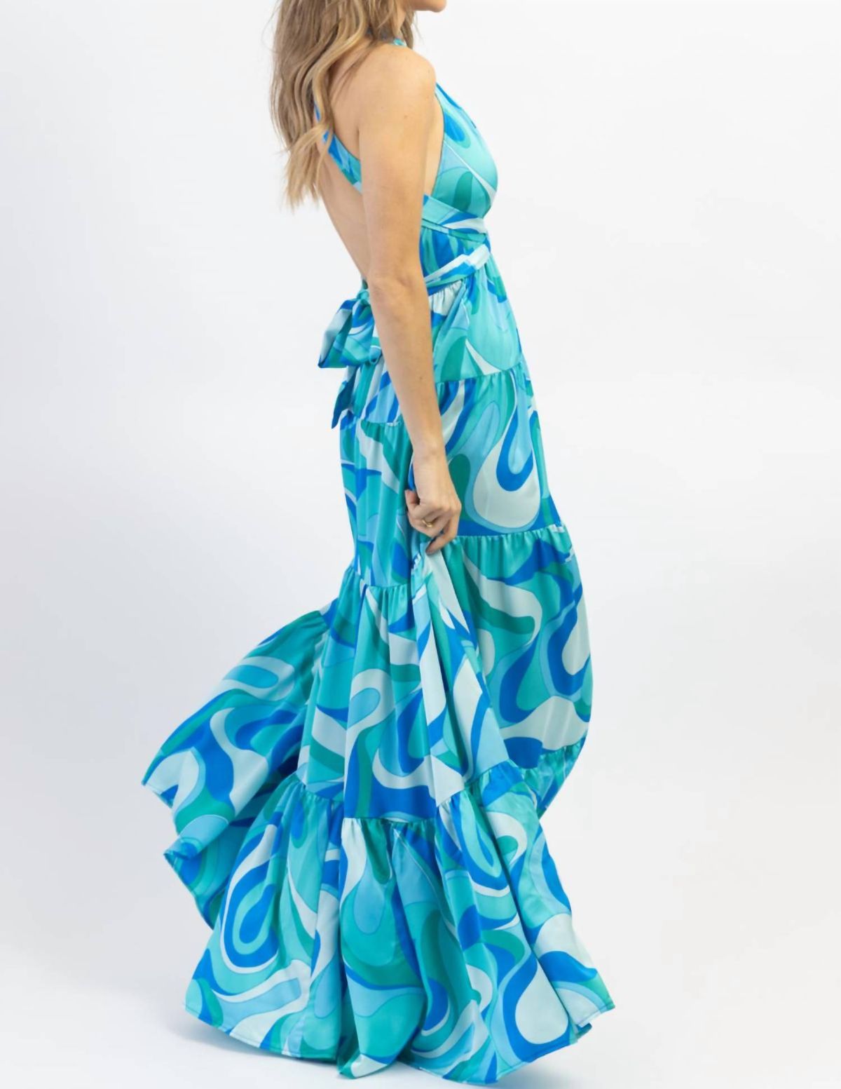 Style 1-414018236-3236 Aakaa Size S Halter Blue Floor Length Maxi on Queenly