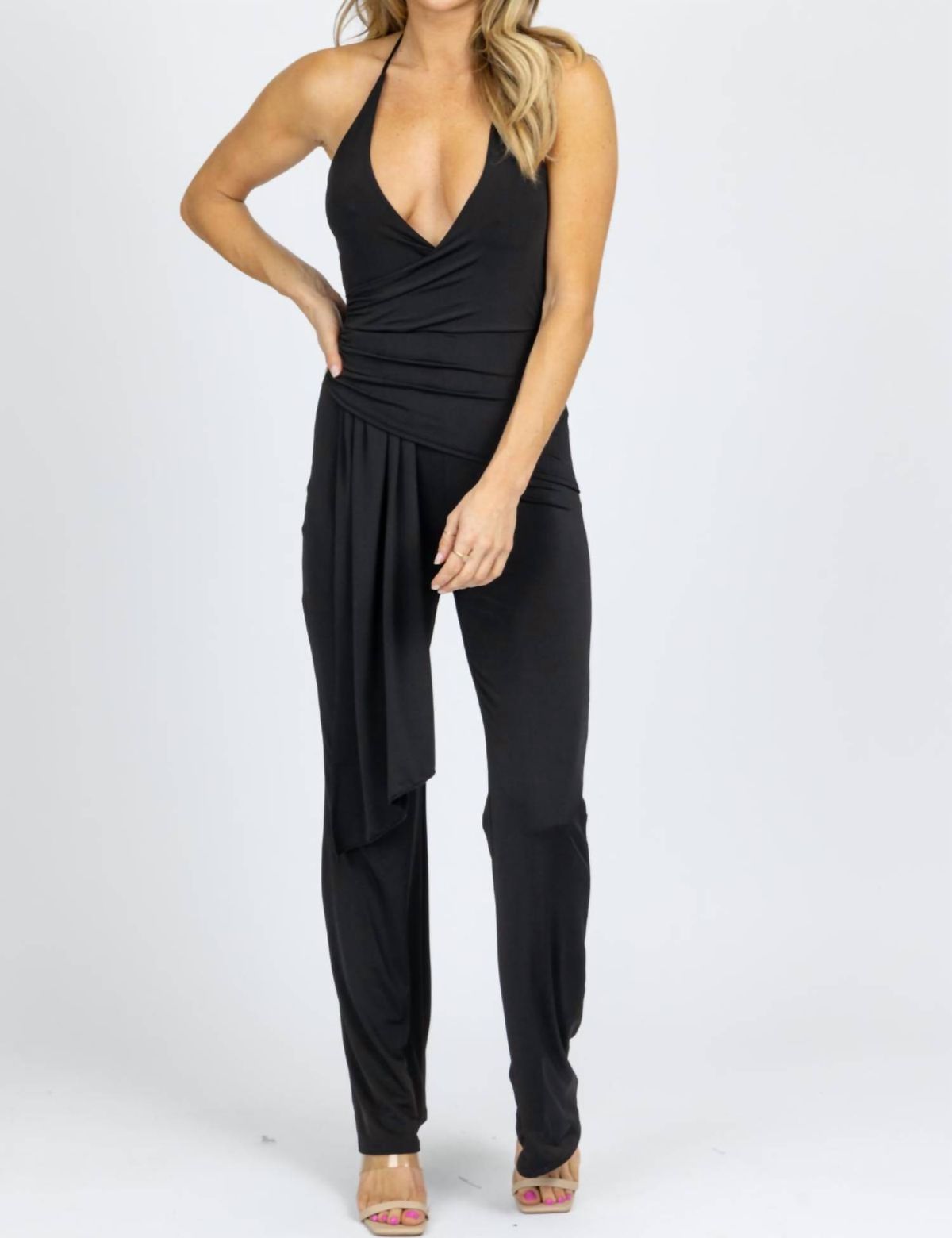 Style 1-4185705048-3236 Blue Blush Size S Halter Black Formal Jumpsuit on Queenly