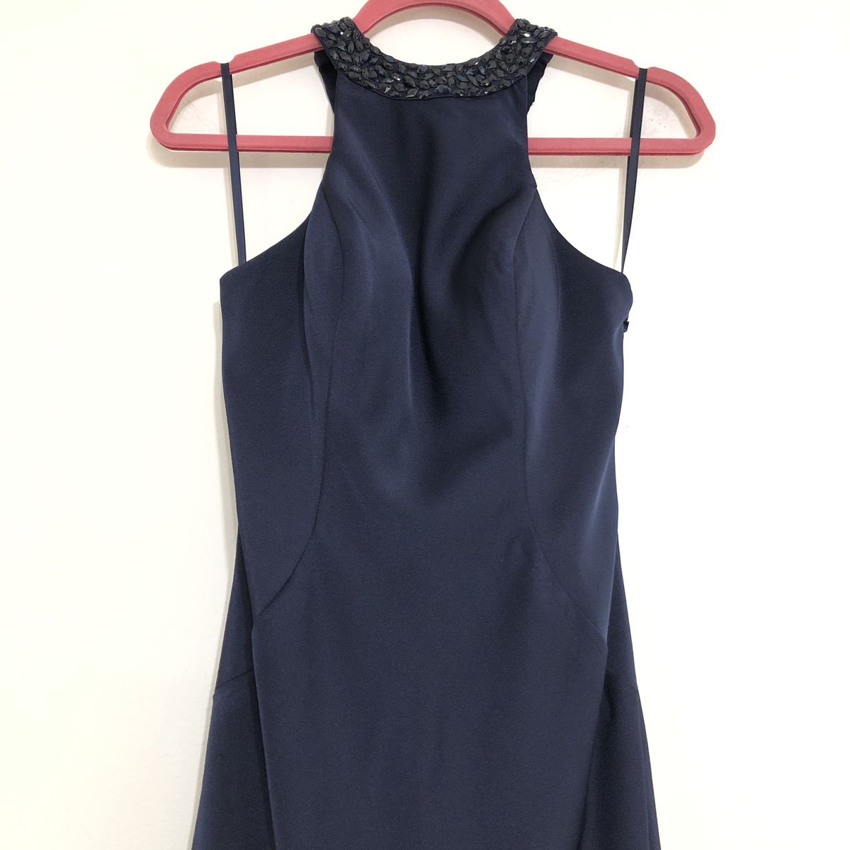 Style 23993 La Femme Size 8 Halter Navy Blue Side Slit Dress on Queenly