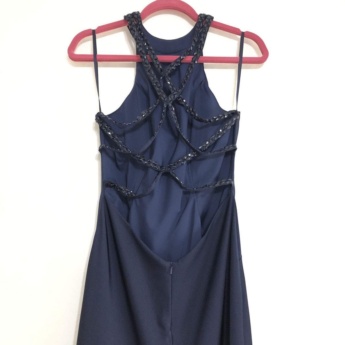 Style 23993 La Femme Size 8 Halter Navy Blue Side Slit Dress on Queenly