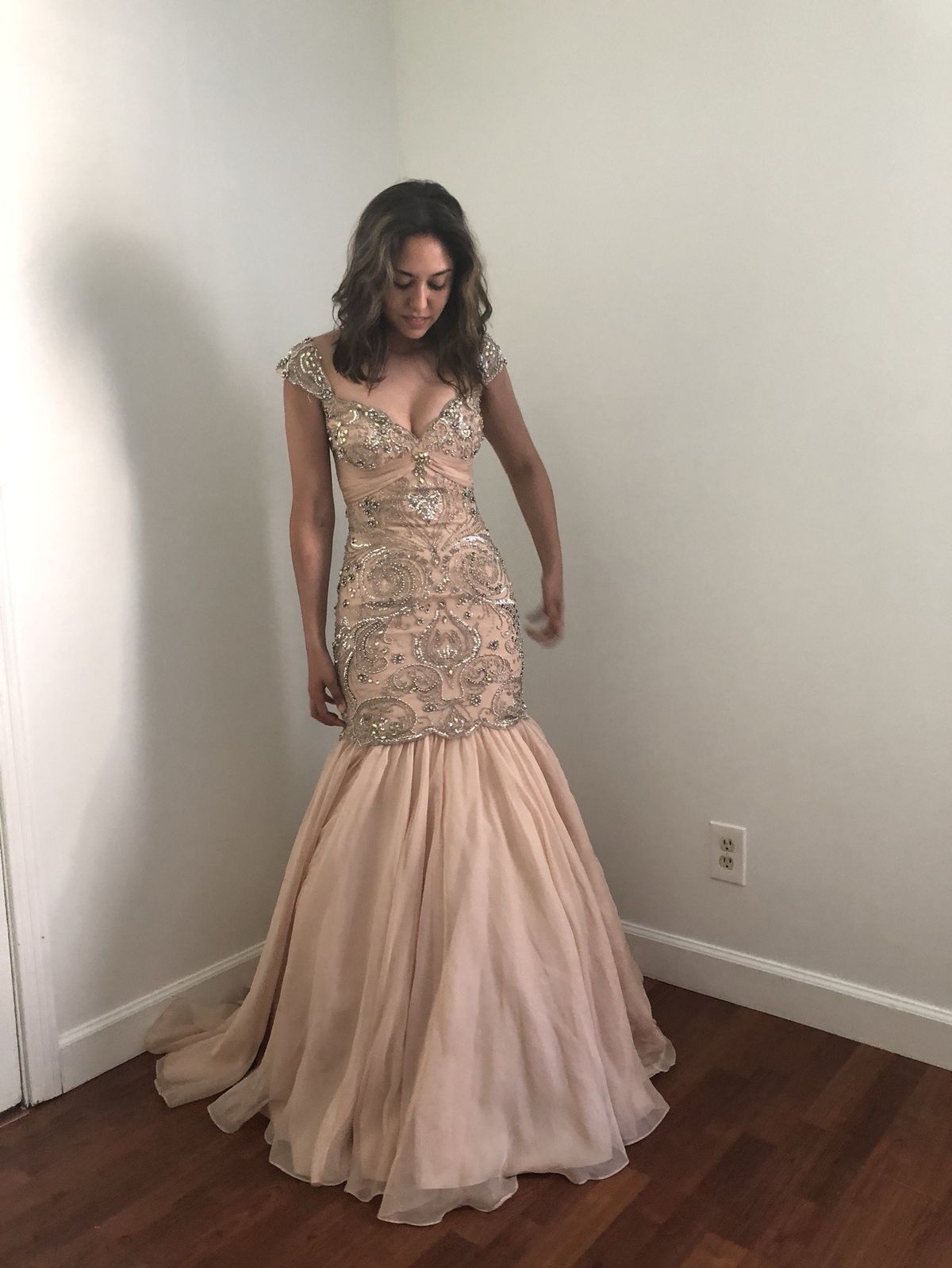 Sherri Hill Size 8 Prom Off The Shoulder Nude Ball Gown on Queenly