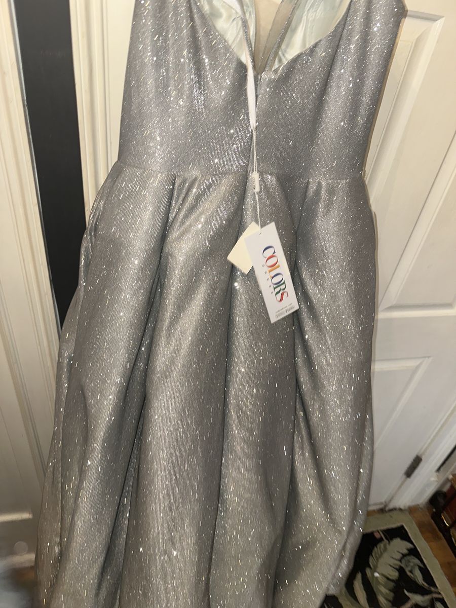 Size 10 Plunge Silver Ball Gown on Queenly