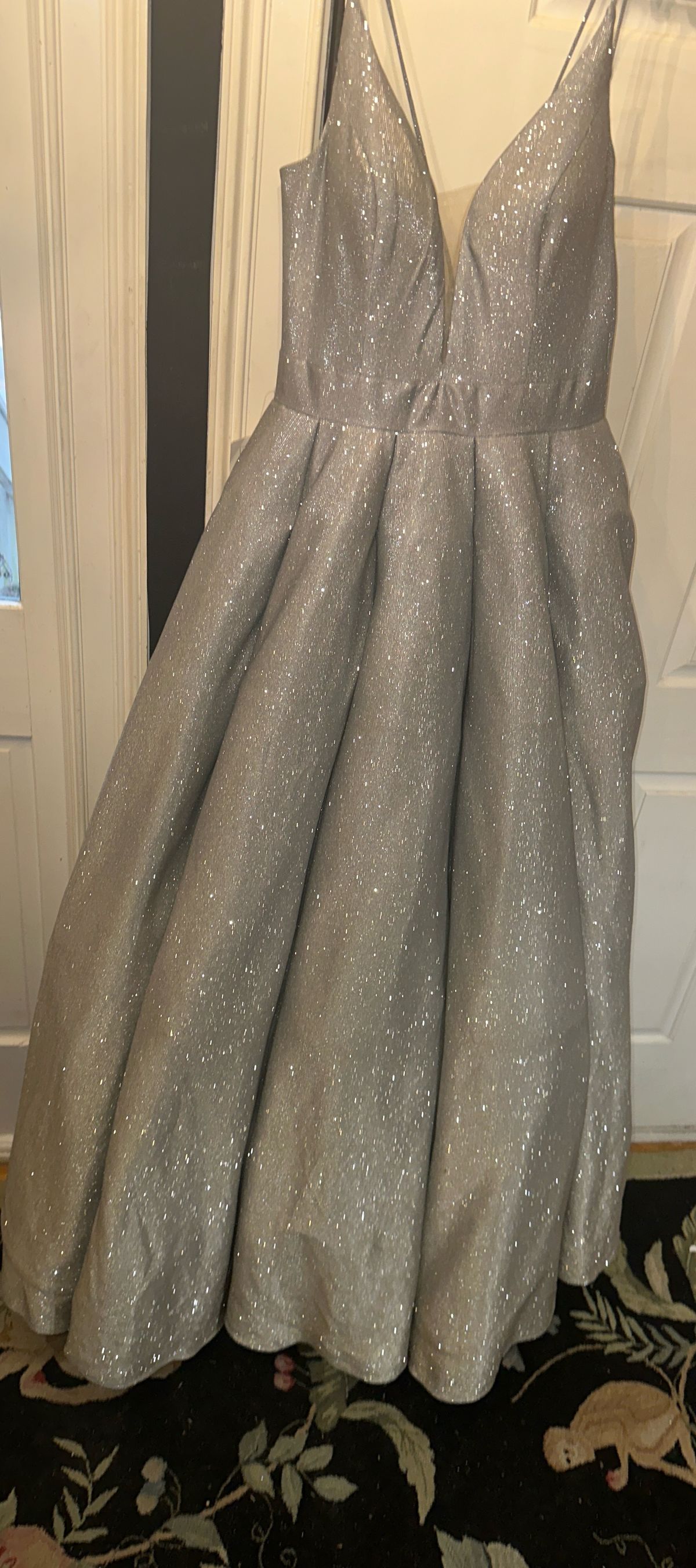 Size 10 Plunge Silver Ball Gown on Queenly